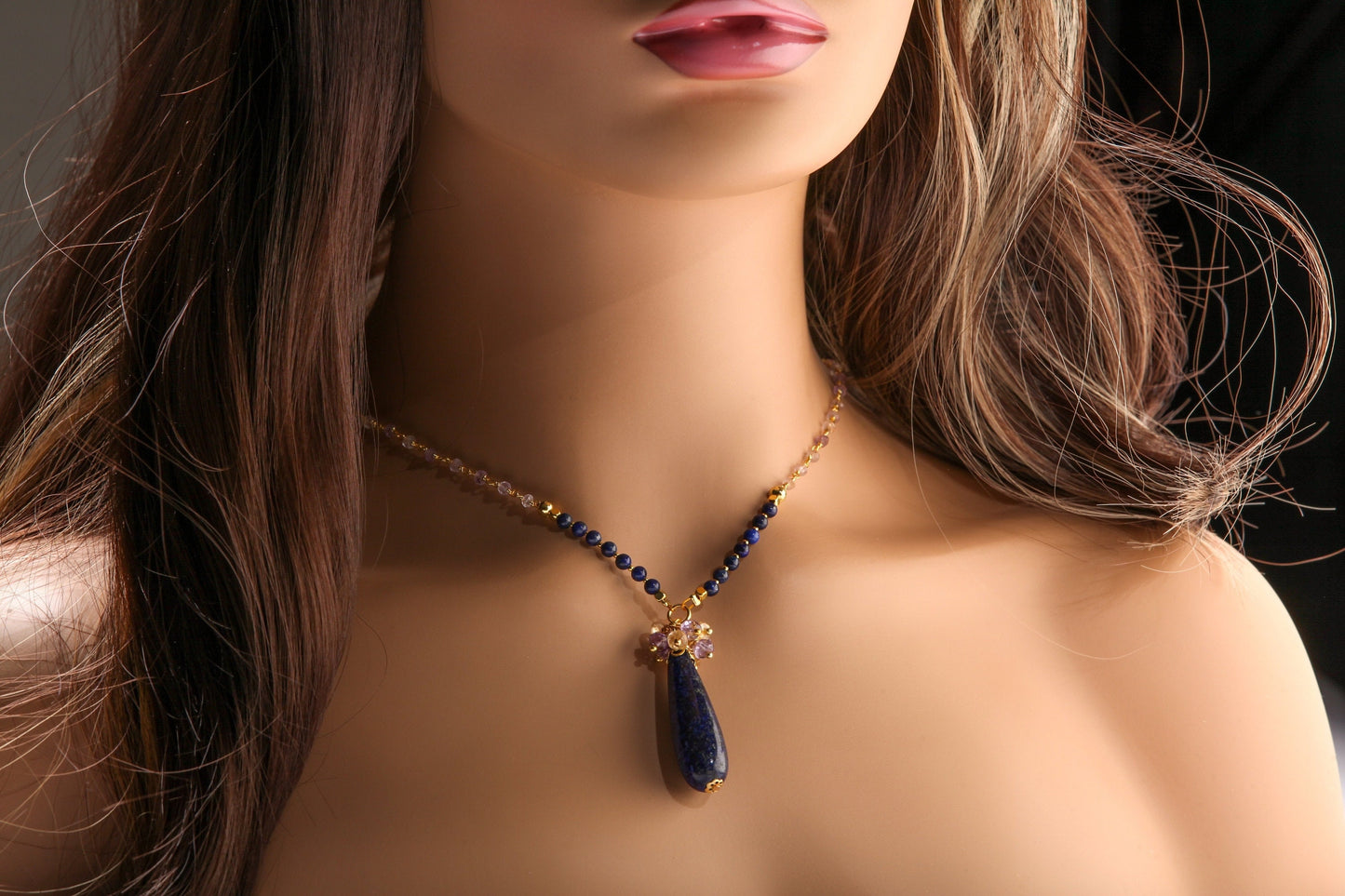 Genuine Lapis Lazuli Long Briolette Drop 12x39mm Pendant with Amethyst,Citrine Wire Wrapped Cluster,4mm Lapis, Ametrine beaded Chain 21"