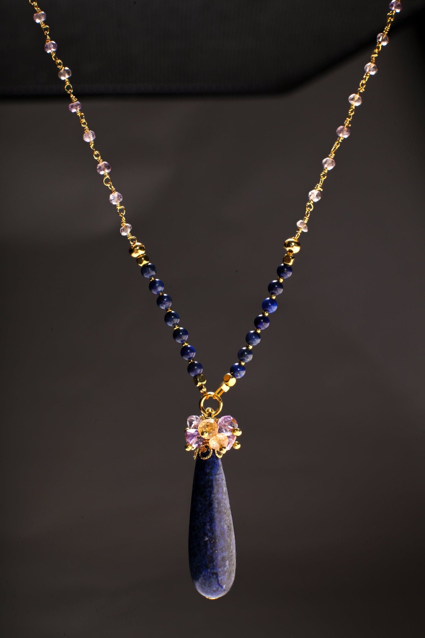 Genuine Lapis Lazuli Long Briolette Drop 12x39mm Pendant with Amethyst,Citrine Wire Wrapped Cluster,4mm Lapis, Ametrine beaded Chain 21"