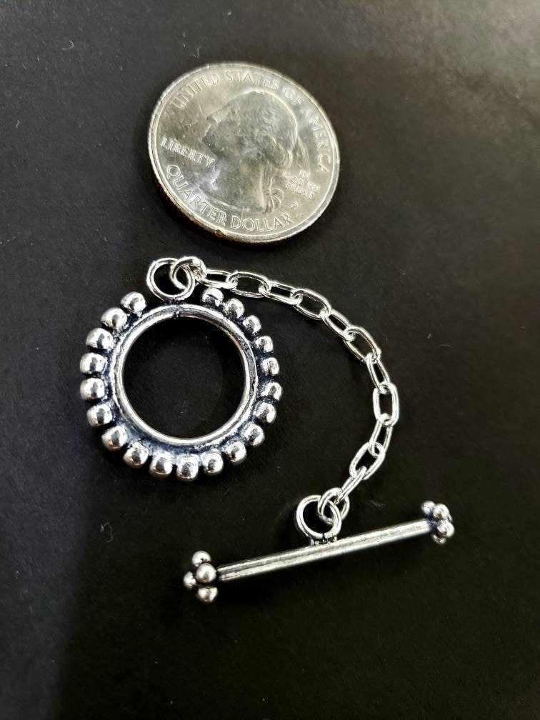 925 sterling silver Bali 22mm fancy toggle clasp, 2" adjustable chain, handmade vintage, heavy weight clasp for jewelry making, 1 set