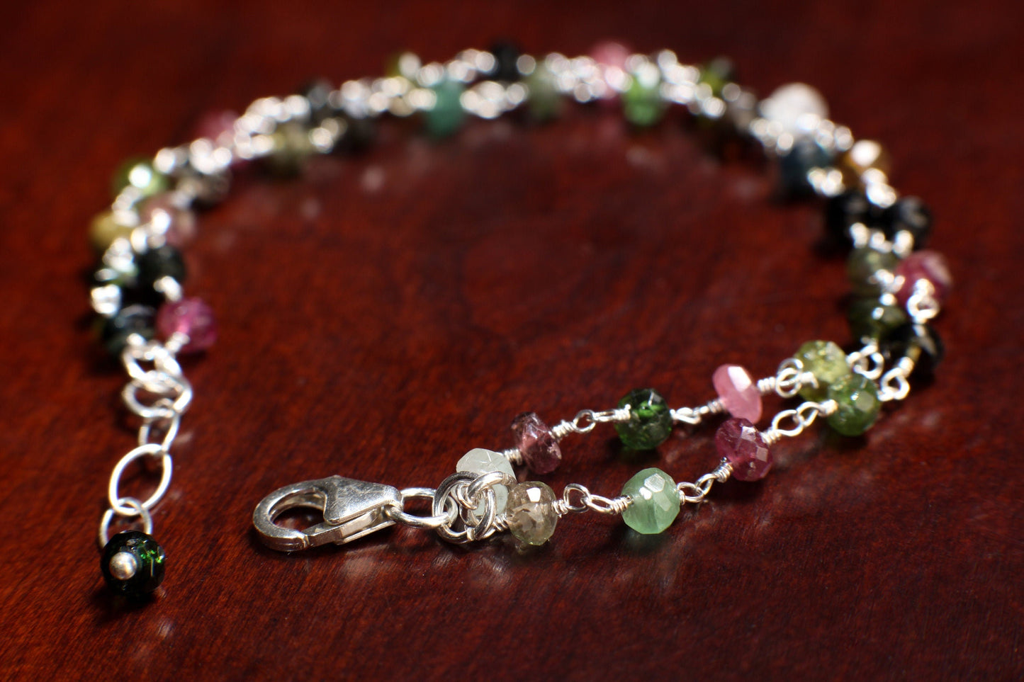 Watermelon Tourmaline Silver Wire Wrapped Faceted large 5mm Rondelle 2 Line Bracelet in 925 Sterling Silver Clasp and extension,Gift for her