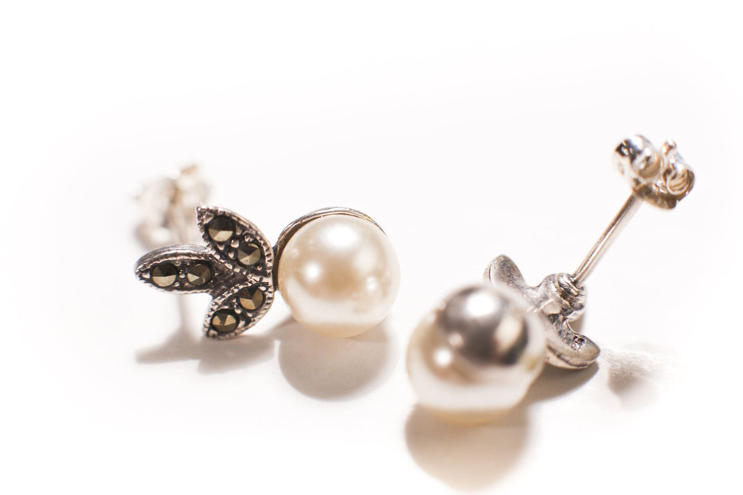 925 Sterling Silver Marcasite with Pearl 8mm Flower Post Earrings and Sterling Silver Box Chain 16" Necklace vintage Antique jewelry set.
