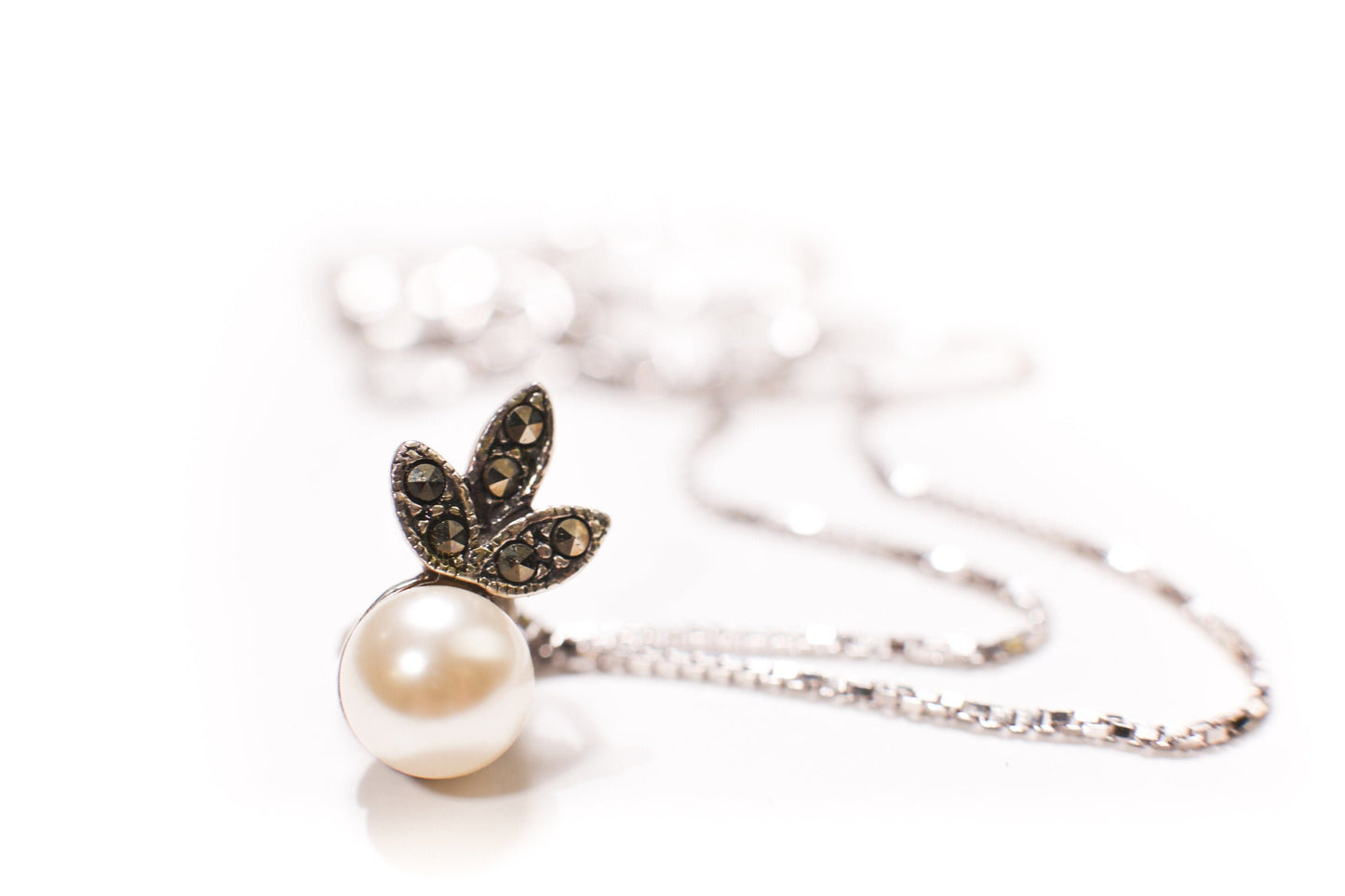 925 Sterling Silver Marcasite with Pearl 8mm Flower Post Earrings and Sterling Silver Box Chain 16" Necklace vintage Antique jewelry set.