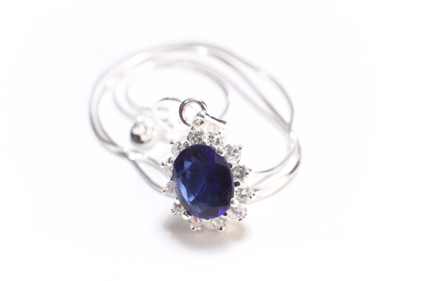 Cubic Zirconia Sapphire Oval 13x18mm Pendant 925 Sterling Silver , Deep Blue CZ Diamond Style, Italian Sterling Silver Chain,Gift