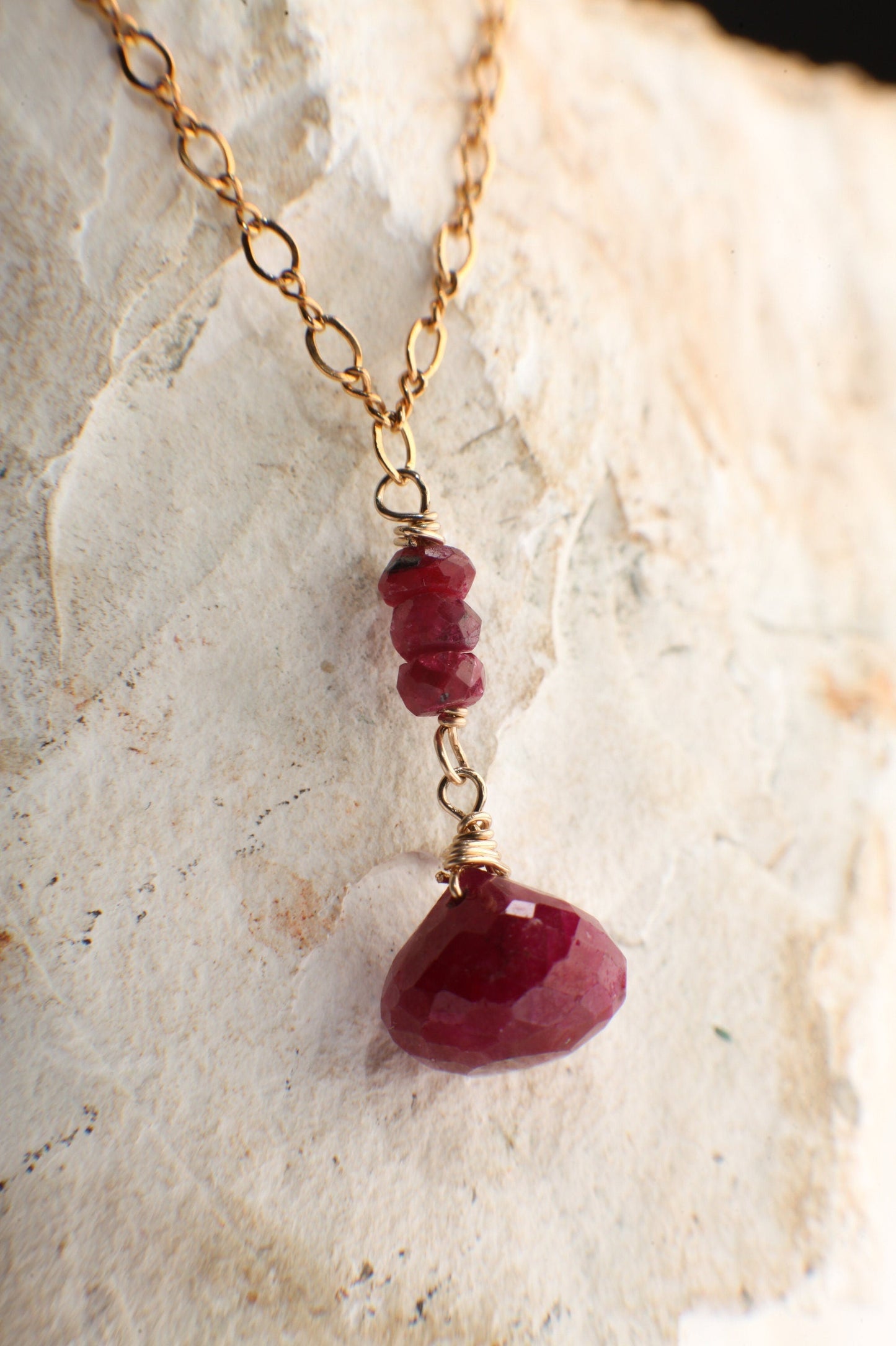 Ruby Onion Drop Briolette, Genuine Ruby Wire Wrapped Faceted 9-10mm Onion drop Ruby Rondelle in 14K Gold Filled Figure 8 Chain Necklace gift