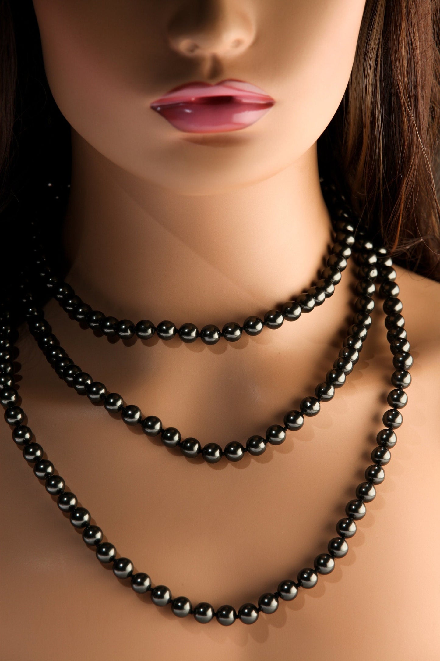 64" Hand Knotted black South Seashell Pearl 8mm Round Beads Statement Black Long Double, Triple Layers Necklace 174 Pcs