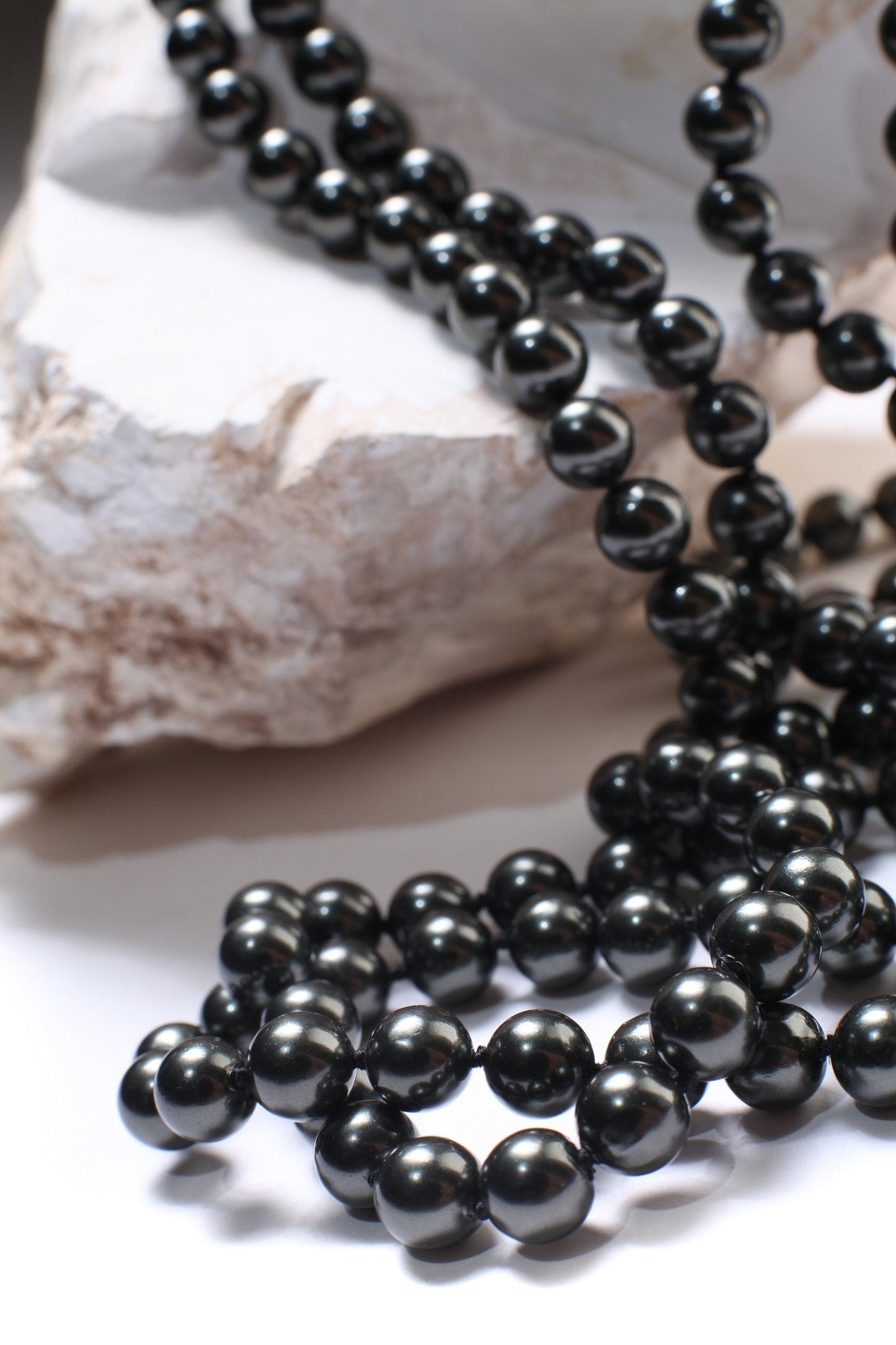64" Hand Knotted black South Seashell Pearl 8mm Round Beads Statement Black Long Double, Triple Layers Necklace 174 Pcs