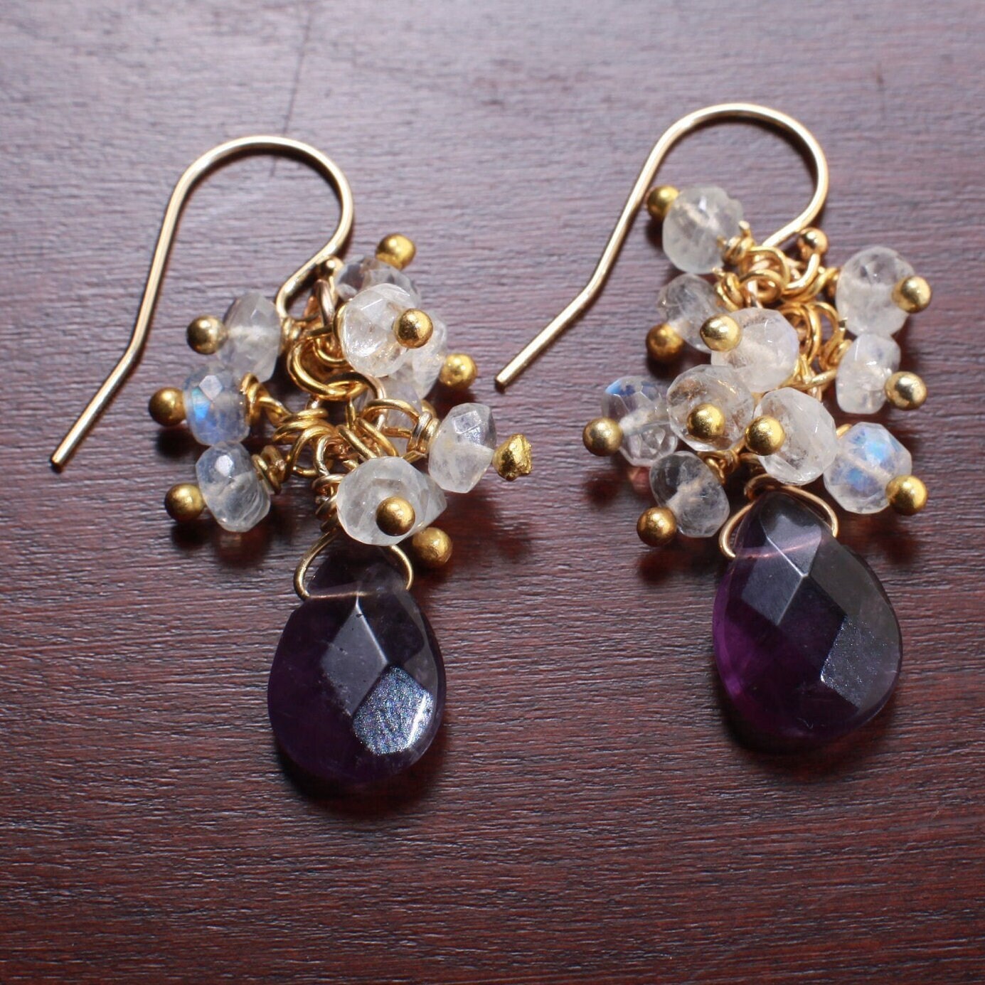 Natural Moonstones Cluster Earrings with Natural Amethyst Briolette Drop in 14K Gold Filled Ear Wire