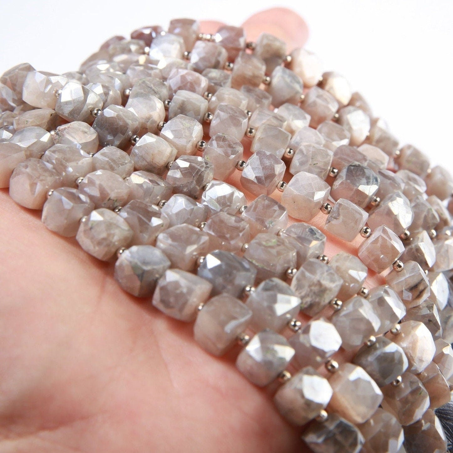 Natural Moonstone Faceted Cube in 8", 8mm Soothing Gemstone Beads