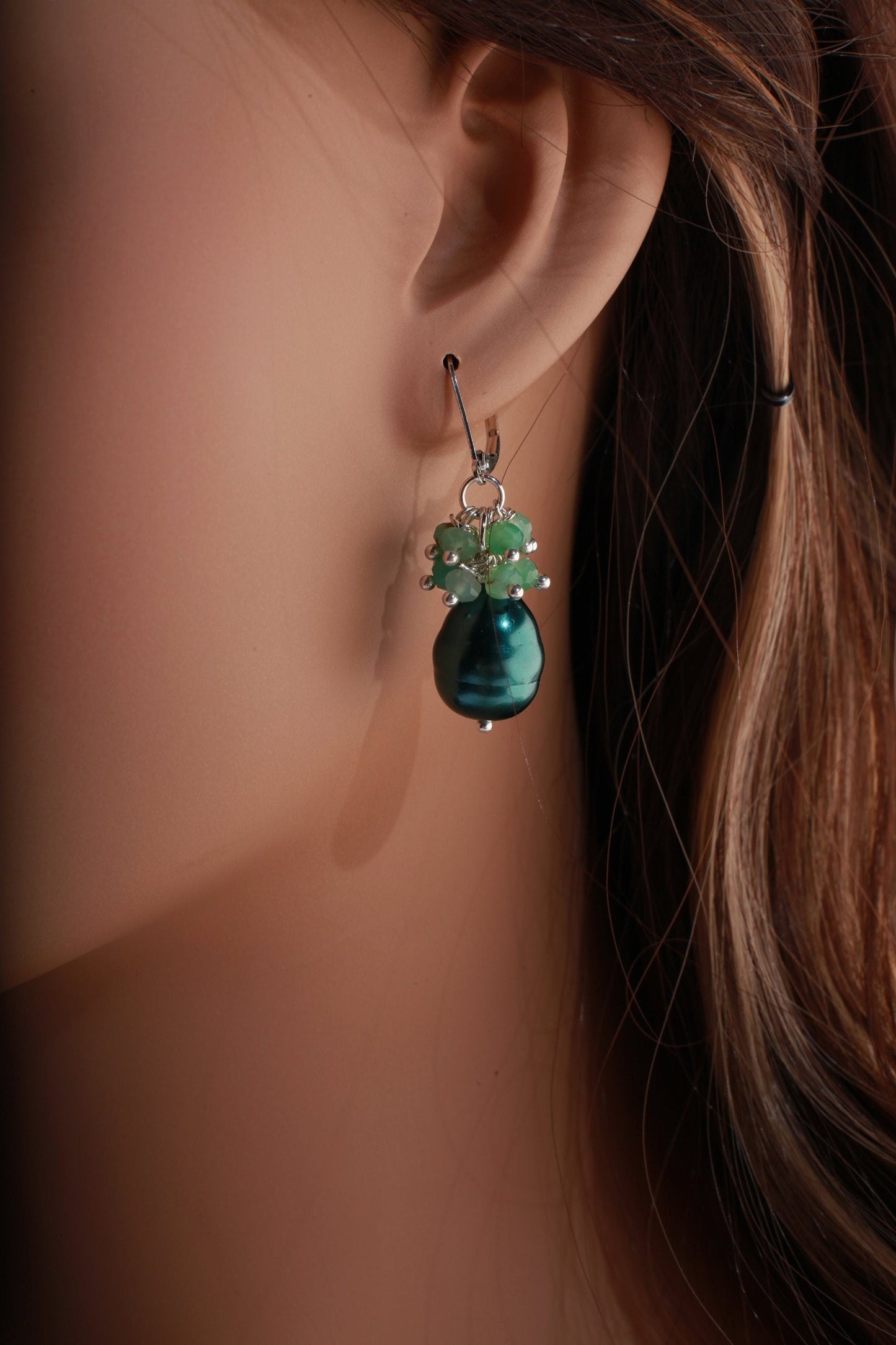 Natural Chrysoprase Dangling Cluster Earrings with South Seashell Baroque Pearl in 925 Sterling Silver Leverback