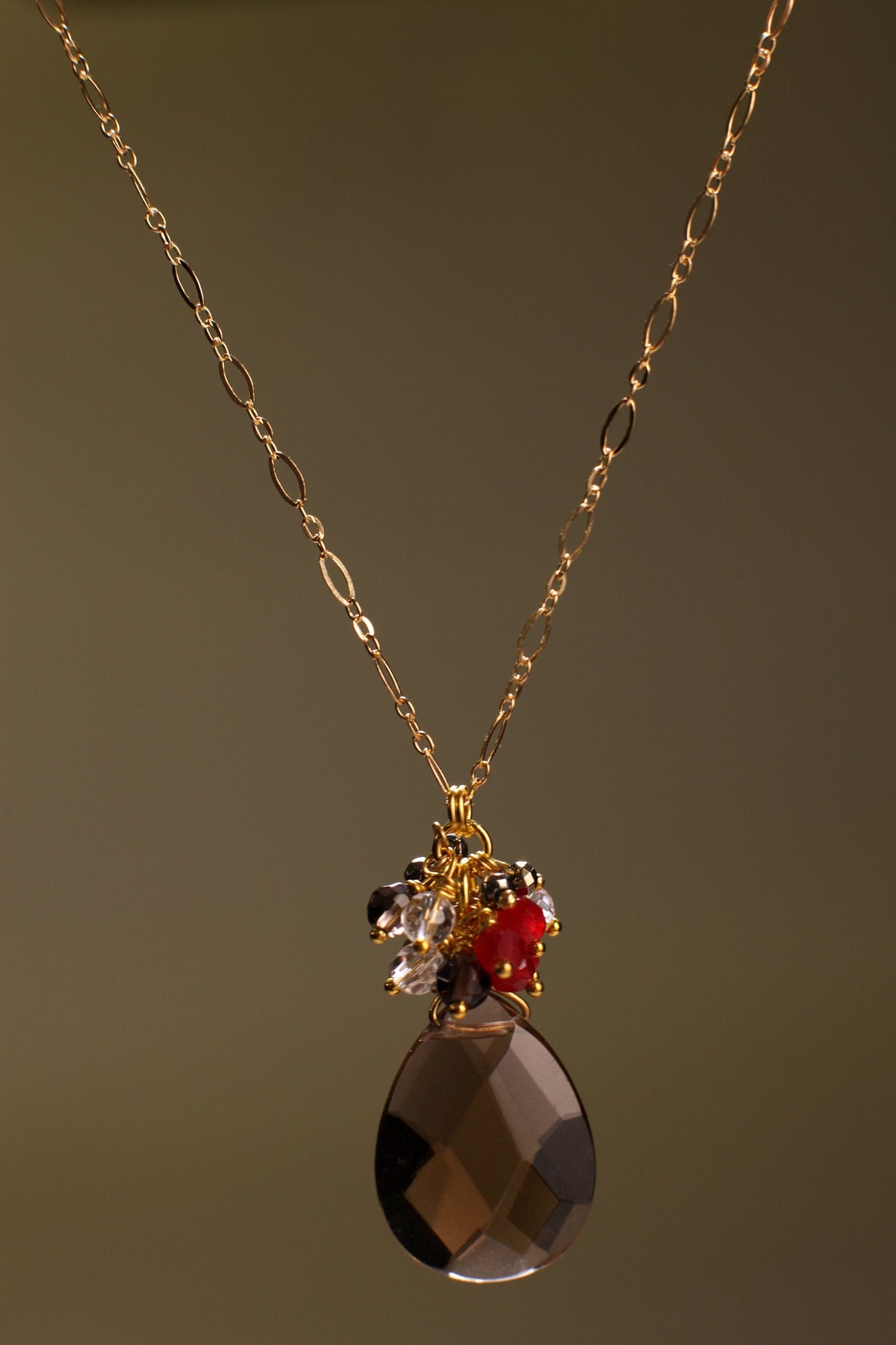 Smokey Quartz Faceted Pear Drop 18x25mm Pendant, Smokey Qz, Rock Crystal,Ruby Jade Clusters Wire Wrapped,14K Gold Filled Chain 18" Necklace