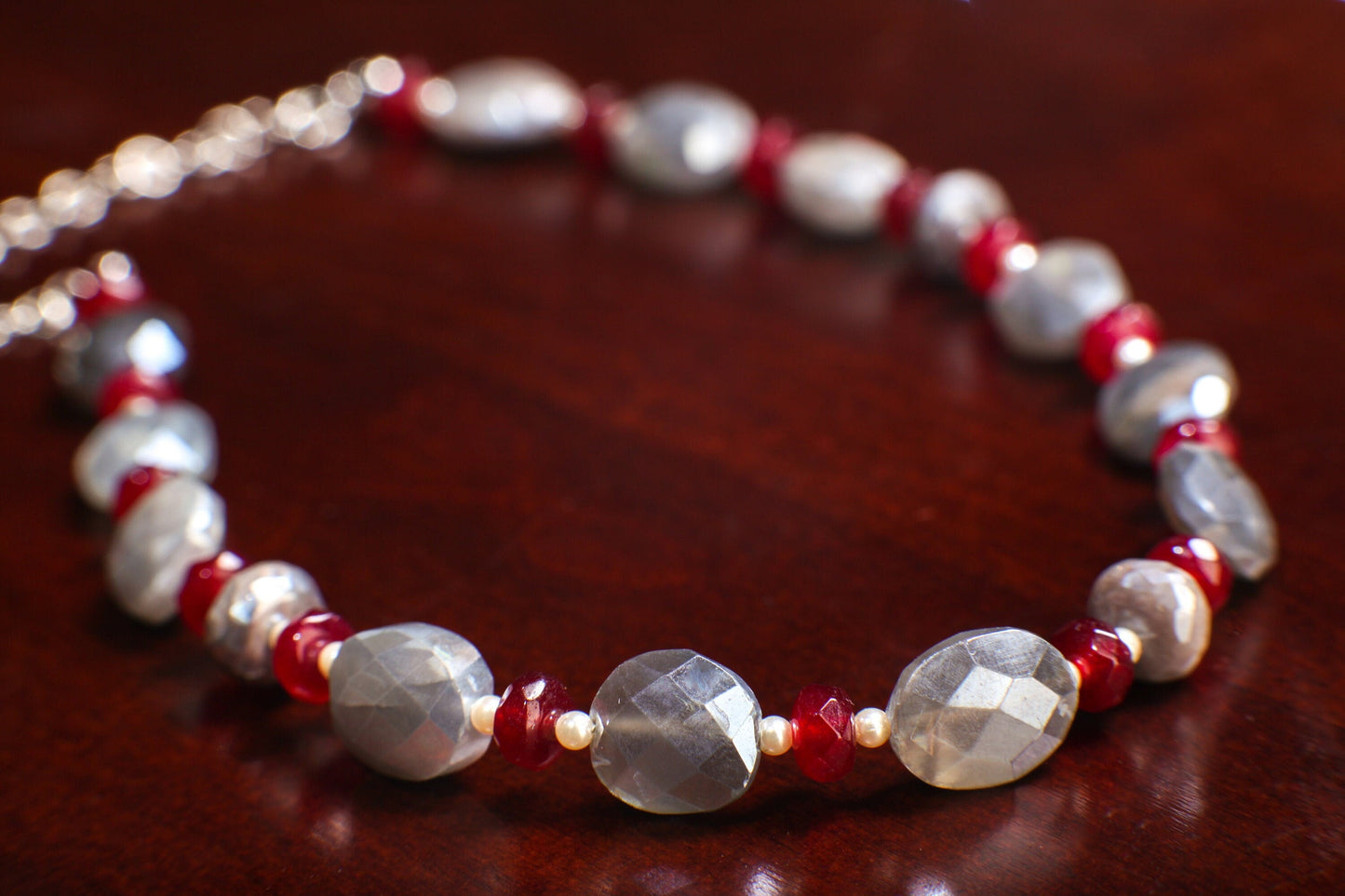 Natural Gray Moonstone Faceted Oval 10x12mm Necklace Accent with Garnet Spacer Gemstone Beads in 925 Sterling Silver Chain and Clasp