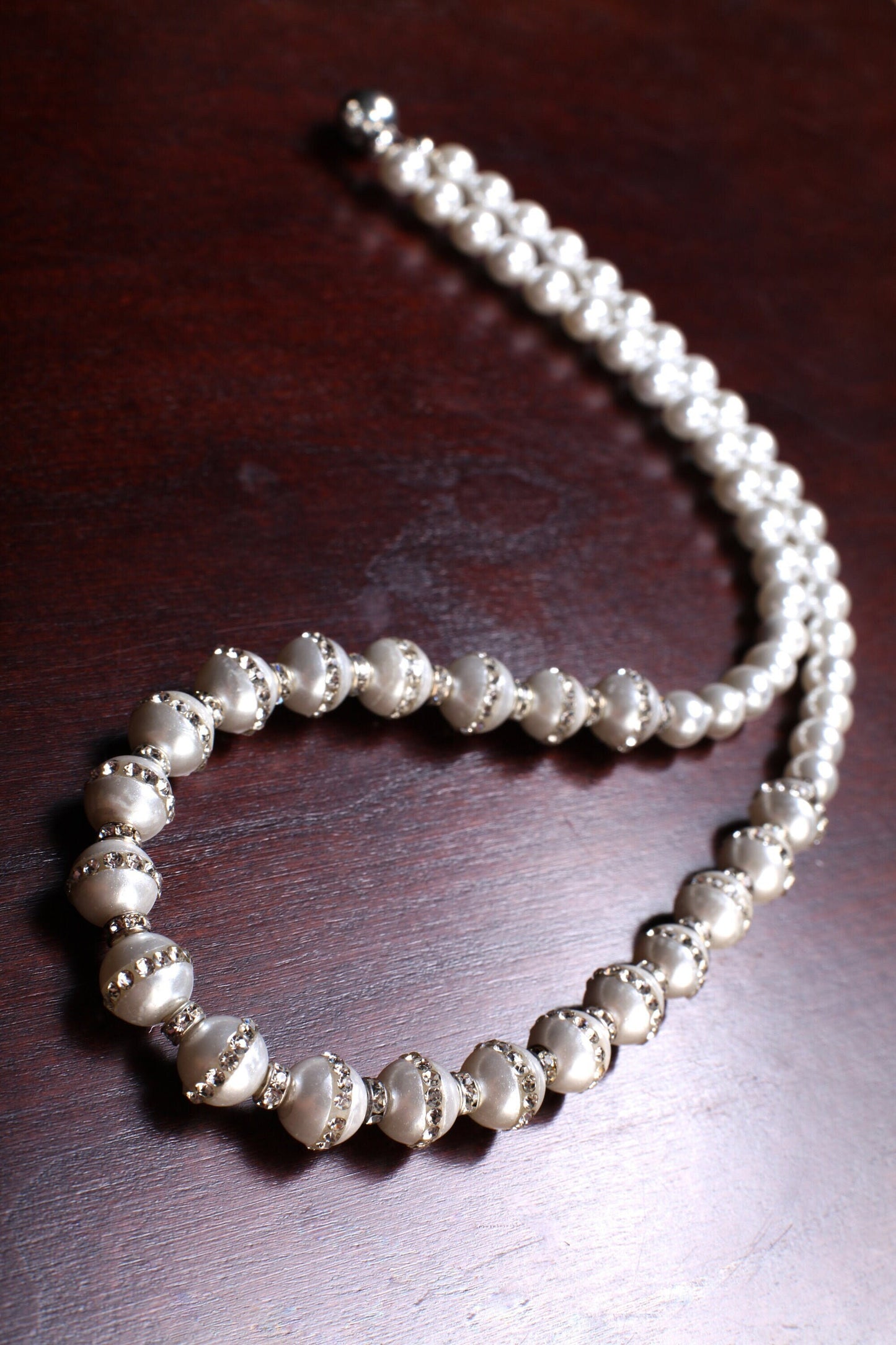 South Sea Shell Pearl Smooth Round and Rhinestone Pearl Beads White Necklace, Bridal with Magnetic Closure, Gift for Her