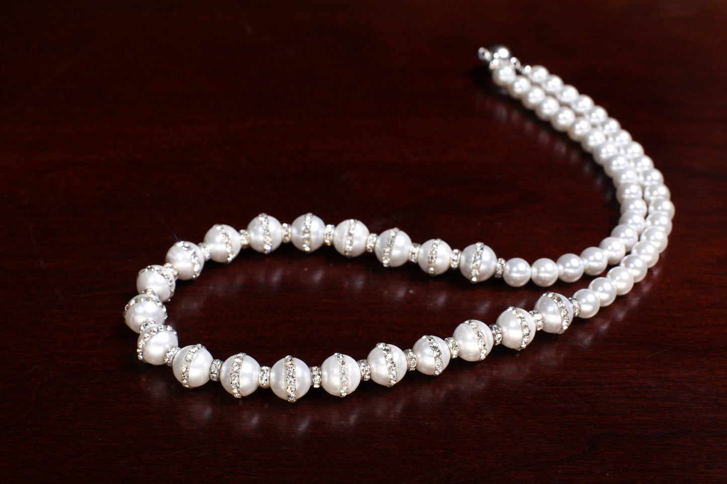 South Sea Shell Pearl Smooth Round and Rhinestone Pearl Beads White Necklace, Bridal with Magnetic Closure, Gift for Her