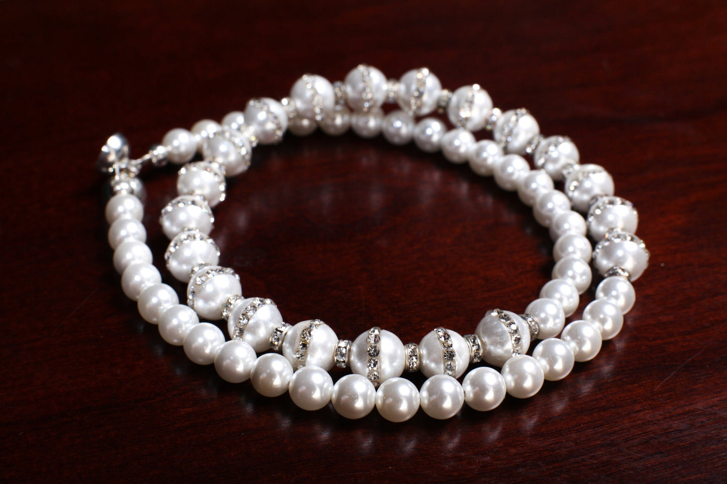 South Sea Shell Pearl Smooth Round and Rhinestone Pearl Beads White Necklace, Bridal with Magnetic Closure, Gift for Her