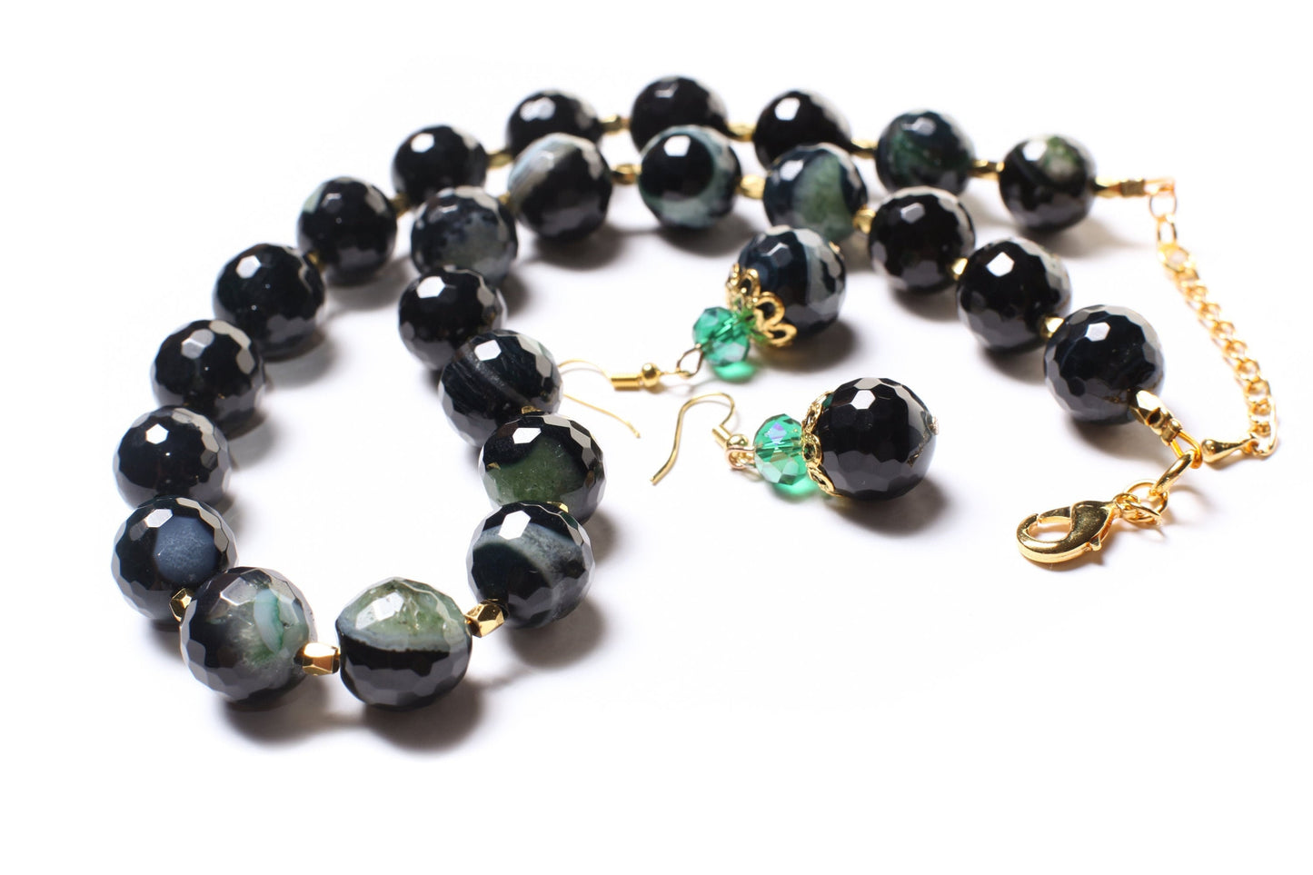 Banded Agate 14mm Faceted Round With Gold Bali style Spacer Beads, Greenish Agate 18" Necklace, 2" Extension, Matching Earrings Jewelry Set