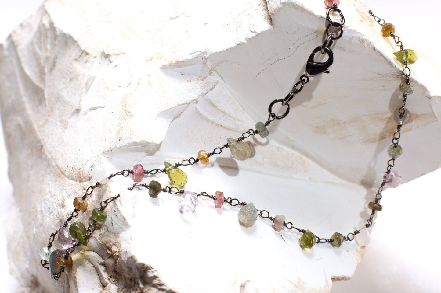 Multi Gemstone Faceted Briolette Rondelle Wire Wrapped Oxidized Silver Necklace, Peridot, Labradorite, Moonstone, Tourmaline, Pink Amethyst