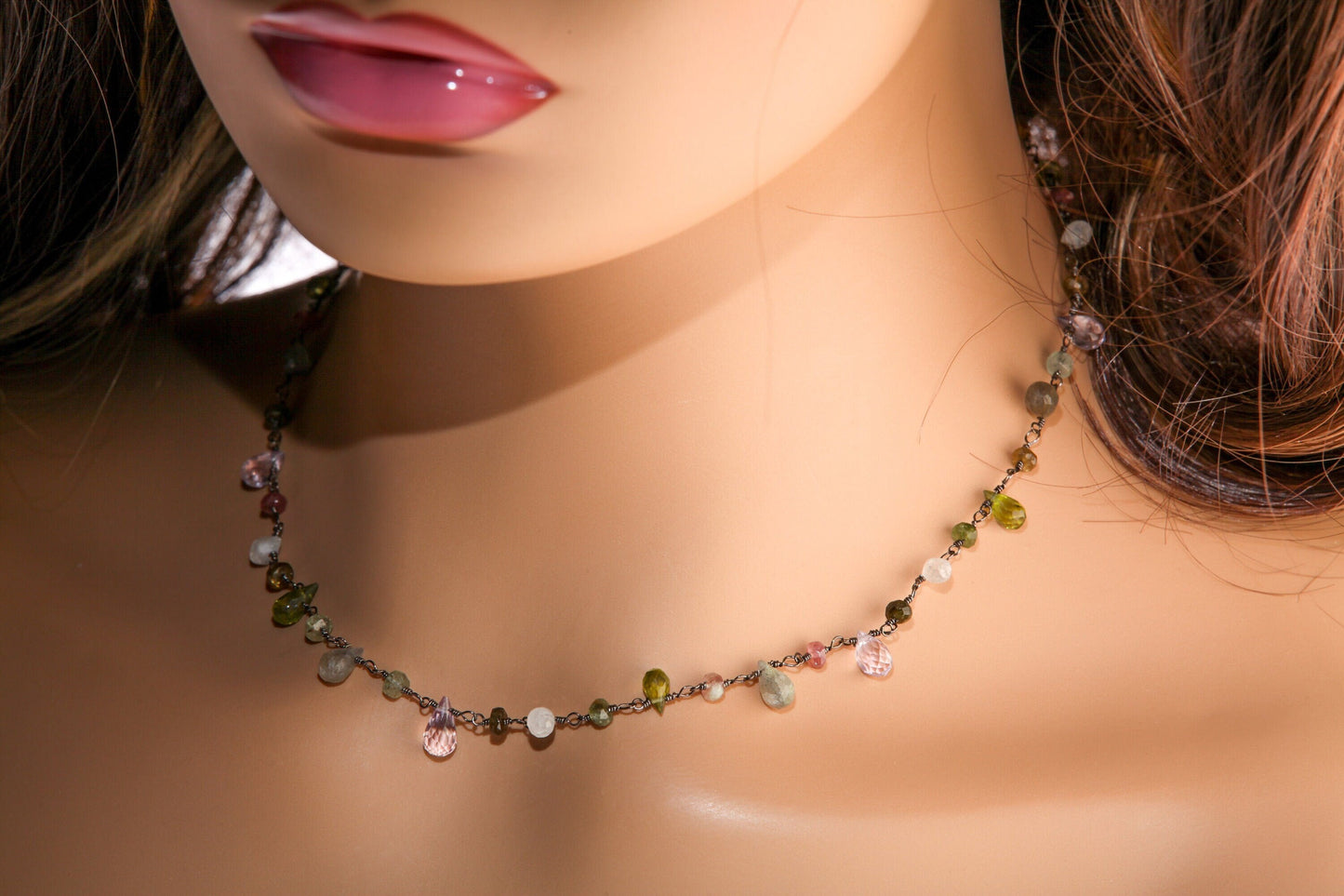 Multi Gemstone Faceted Briolette Rondelle Wire Wrapped Oxidized Silver Necklace, Peridot, Labradorite, Moonstone, Tourmaline, Pink Amethyst
