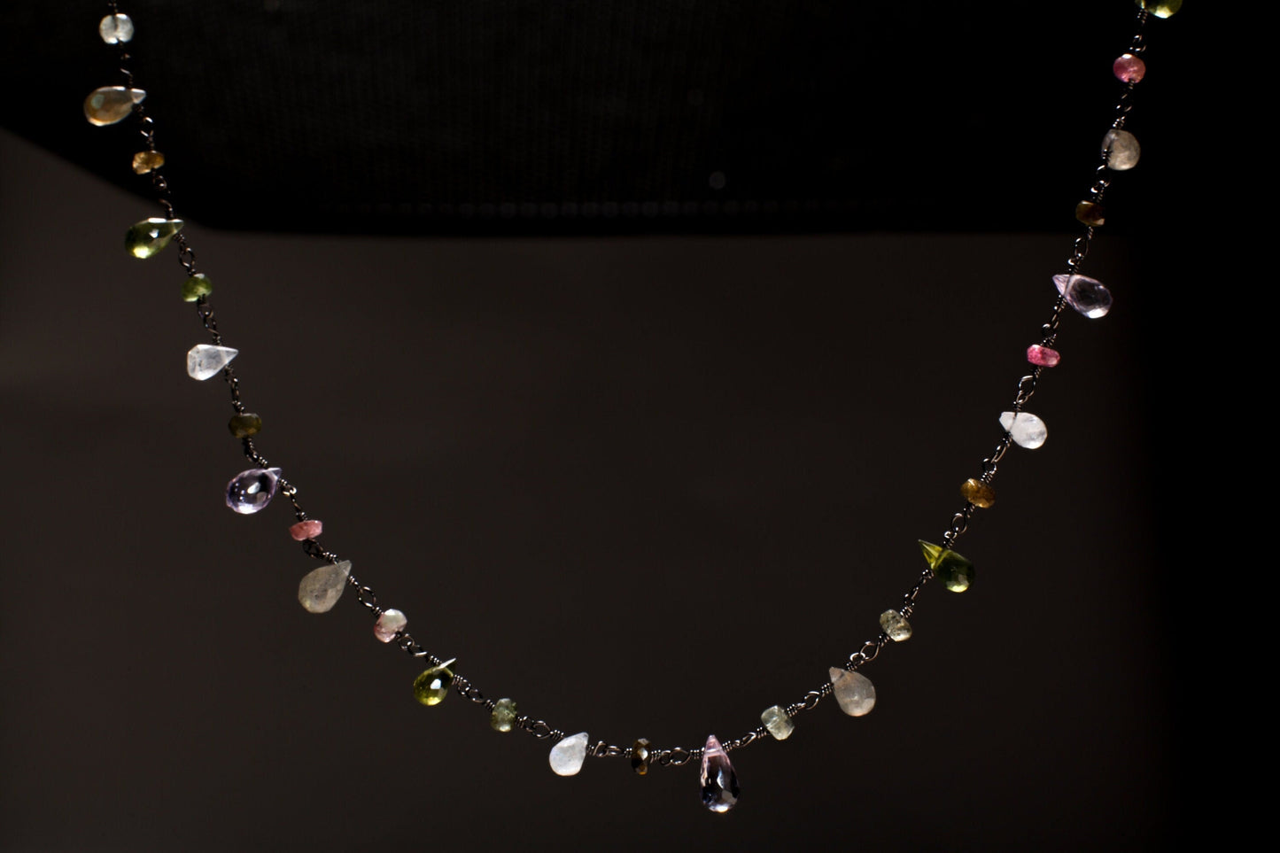Multi Gemstone Faceted Briolette Rondelle Wire Wrapped Oxidized Silver Necklace, Peridot, Labradorite, Moonstone, Tourmaline, Pink Amethyst