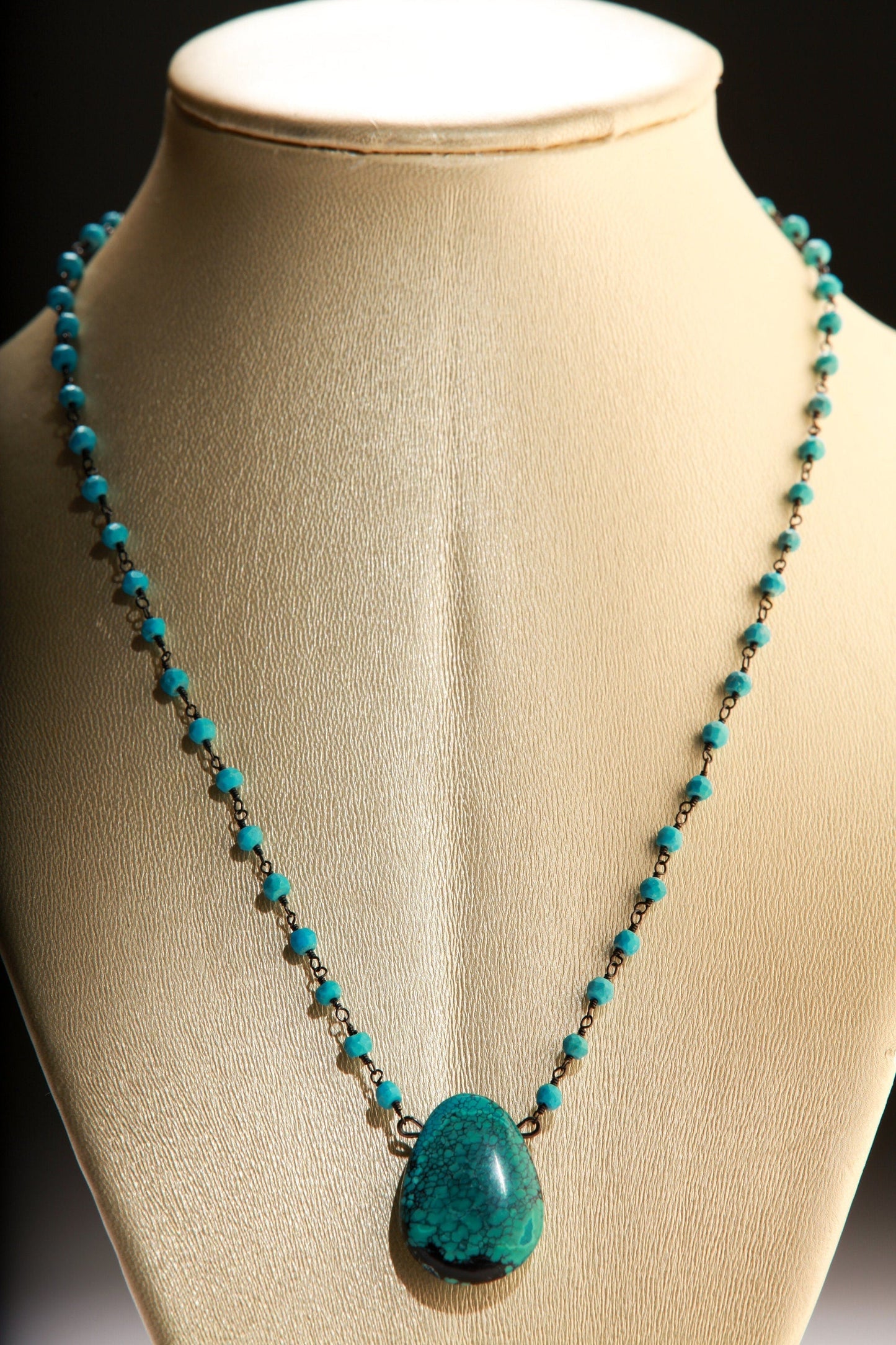 Natural Tibetan Turquoise Matrix Teardrop Pendant with Turquoise Beaded 18" Black Oxidized Necklace