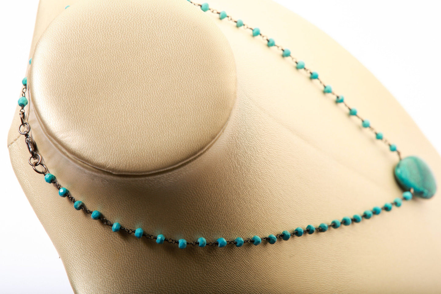 Natural Tibetan Turquoise Matrix Teardrop Pendant with Turquoise Beaded 18" Black Oxidized Necklace