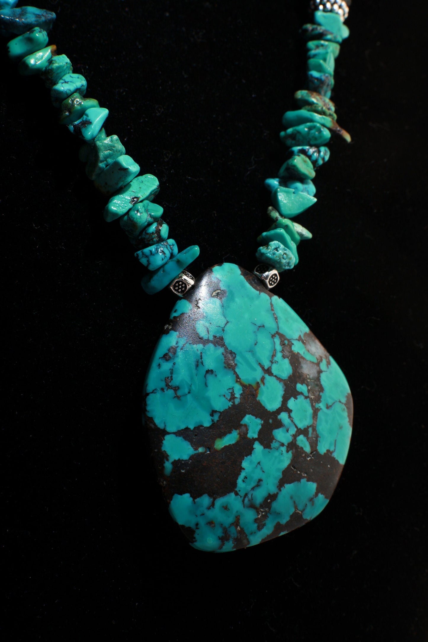 Natural AAA Tibetan Turquoise Spiderweb stunning Matrix Raw and Triangular 42mm Pendant with Fancy Lobster Clasp, 22.5" Necklace