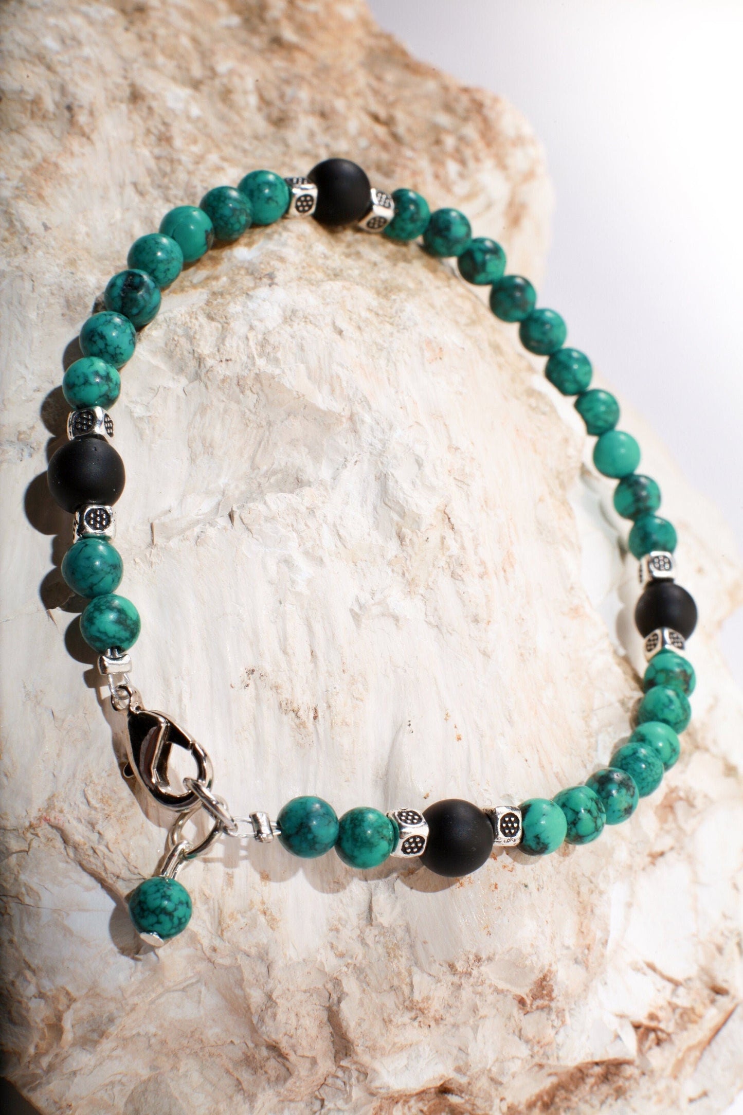 Natural Turquoise AAA Quality Spiderweb Matrix Bracelet Accented with Matte Black Onyx Beads Available in 6", 6.5", 7", 7.5" and 8"