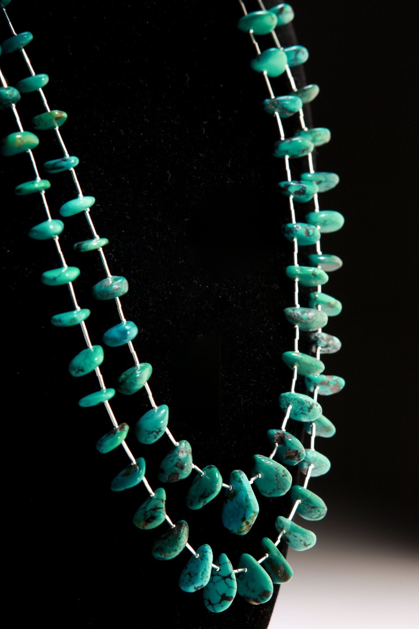 Natural Tibetan Turquoise Teardrop Necklace with 925 Sterling Silver Clasp and Liquid Silver 27" Double Layer Navajo Fetish Necklace