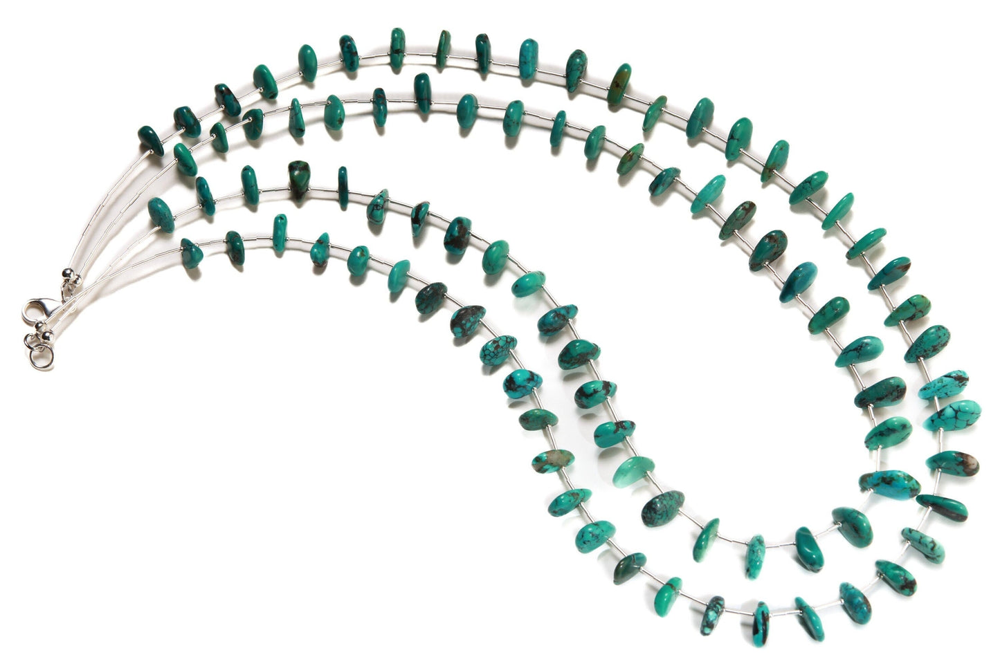 Natural Tibetan Turquoise Teardrop Necklace with 925 Sterling Silver Clasp and Liquid Silver 27" Double Layer Navajo Fetish Necklace