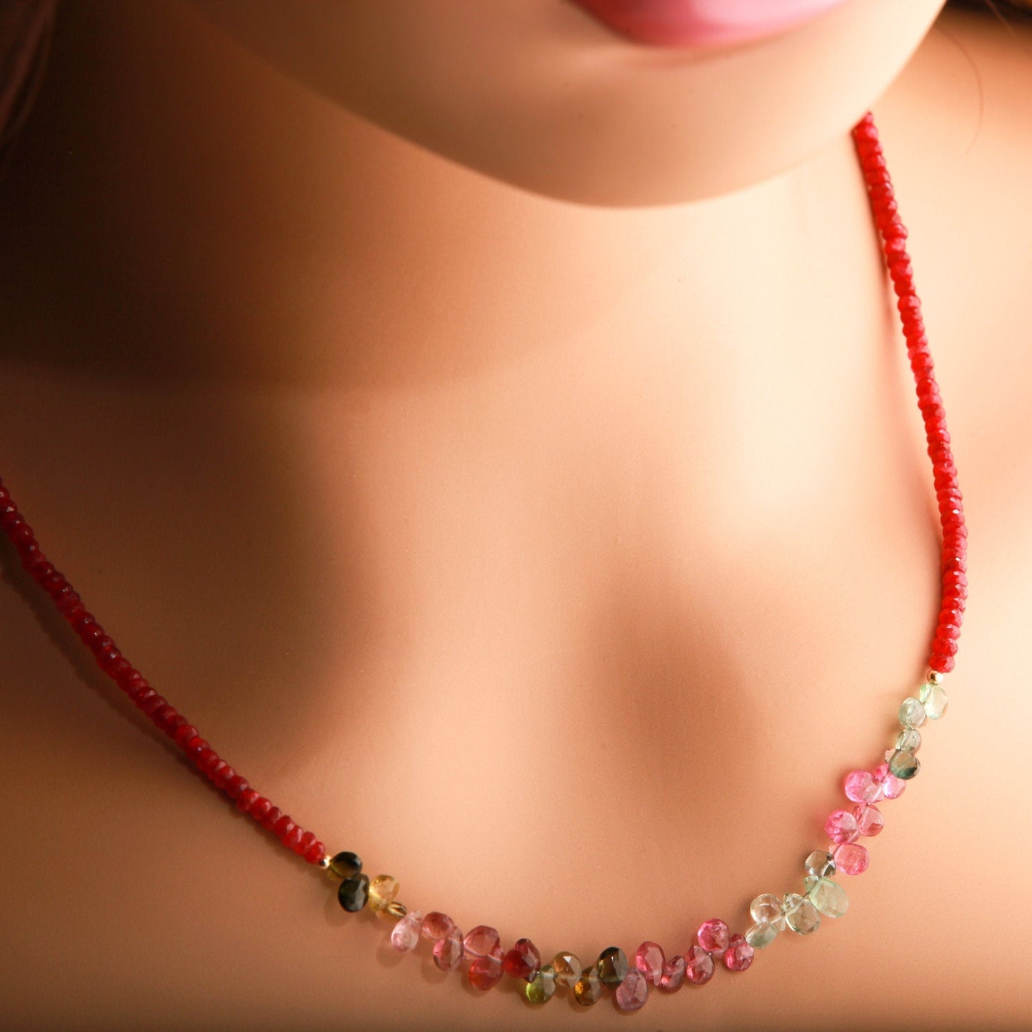 Natural AAA Tourmaline Briolette Teardrop with Faceted Genuine Ruby in 14K Gold Filled 16"-24" Necklace, precious Gift For Her,
