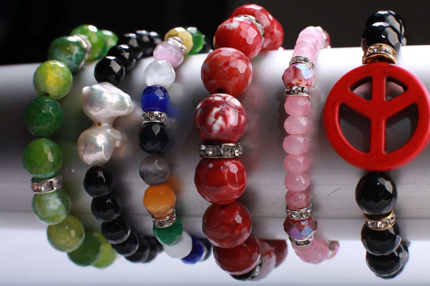 Fire Agate Rhinestone Natural Gemstone, Crystal Stretchy Bracelet 6"