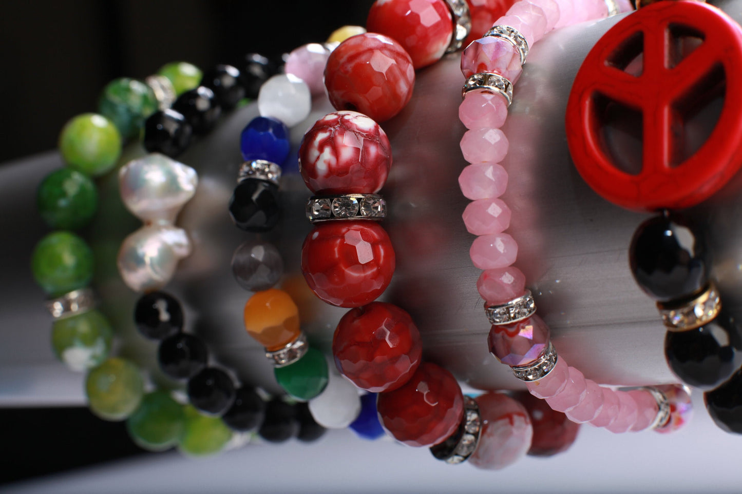 Fire Agate Rhinestone Natural Gemstone, Crystal Stretchy Bracelet 6"