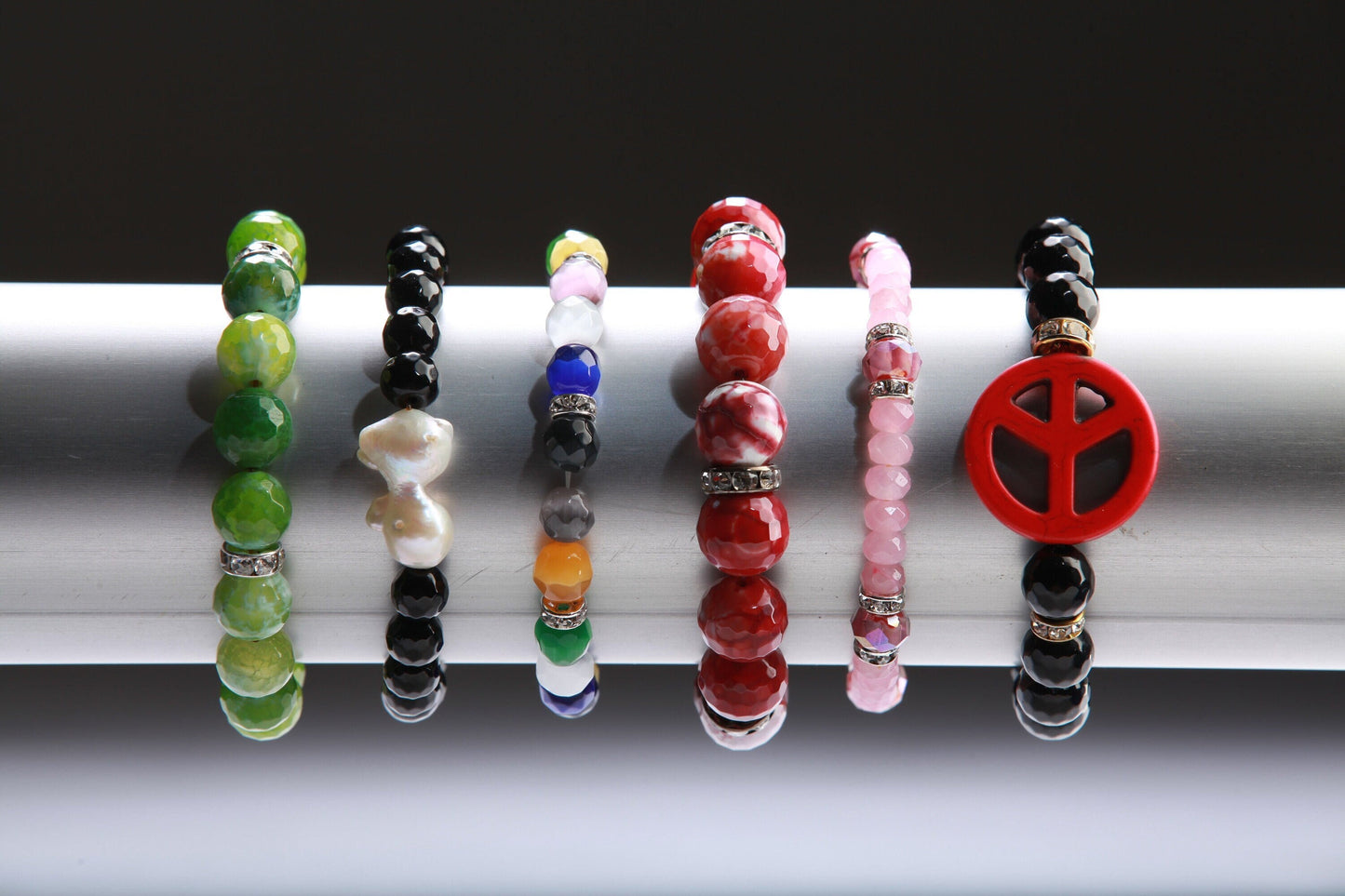 Fire Agate Rhinestone Natural Gemstone, Crystal Stretchy Bracelet 6"