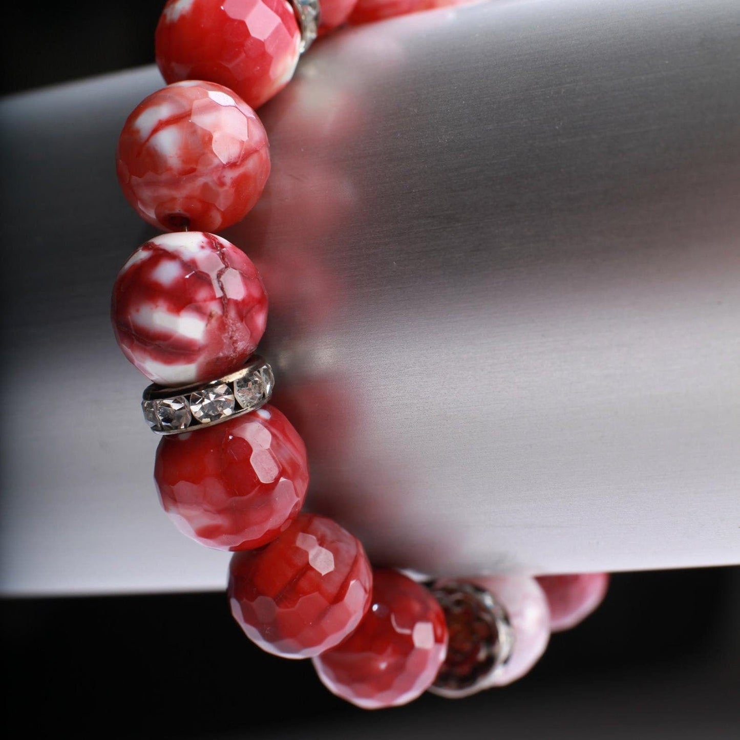 Fire Agate Rhinestone Natural Gemstone, Crystal Stretchy Bracelet 6"