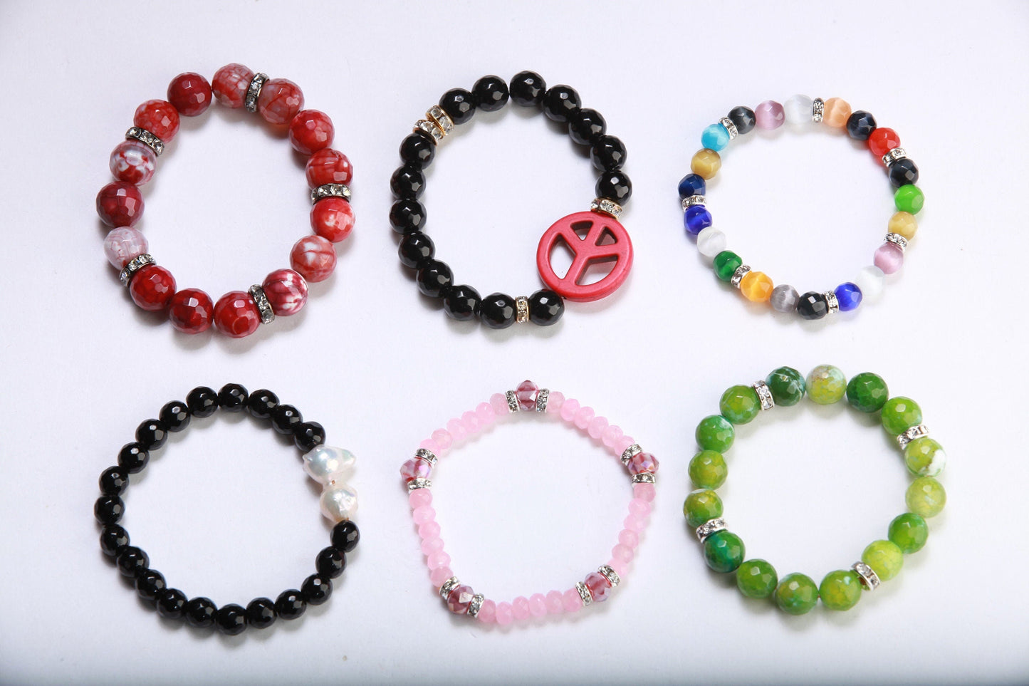 Onyx & Rhinestone Natural Gemstone, Crystal Stretchy Bracelet 6"