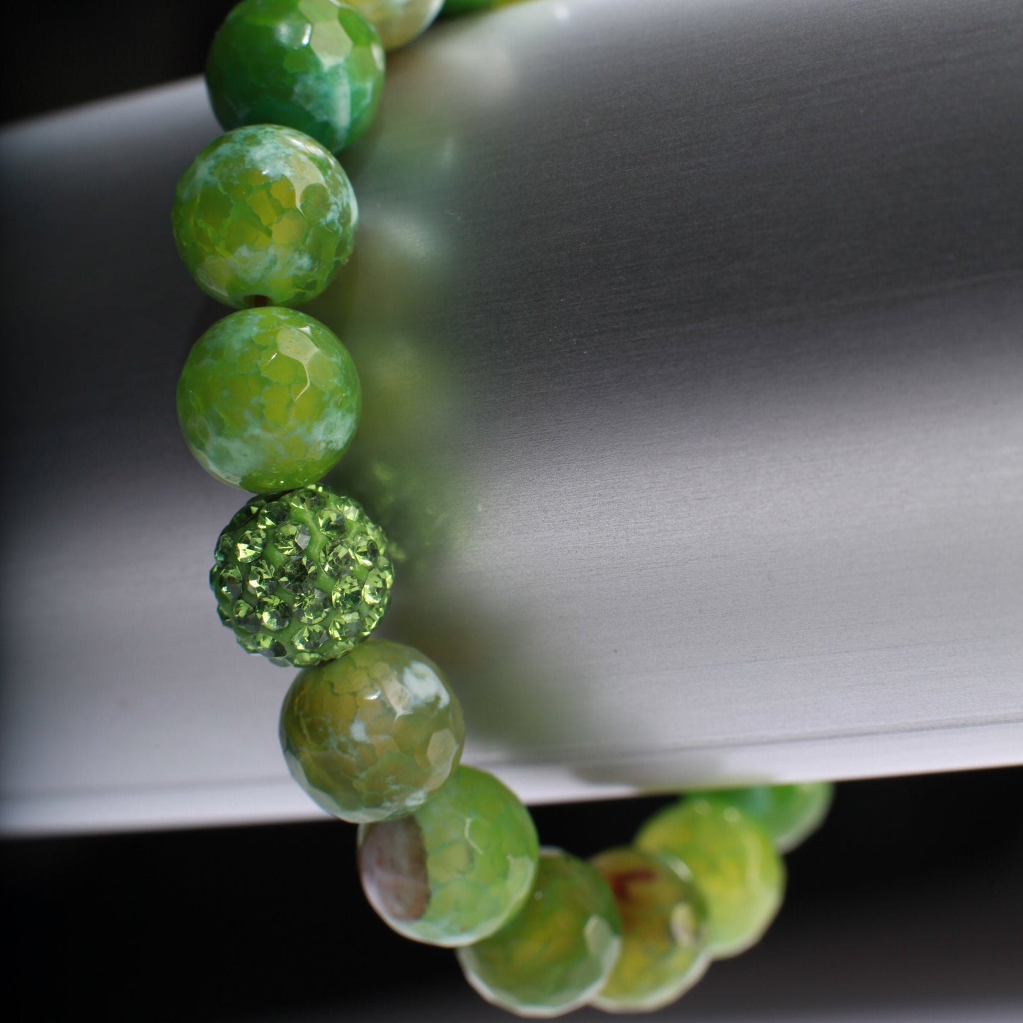 Green Fire Agate with matching 1 piece Rhinestone round Natural Gemstone, Crystal Stretchy Bracelet 6.5"