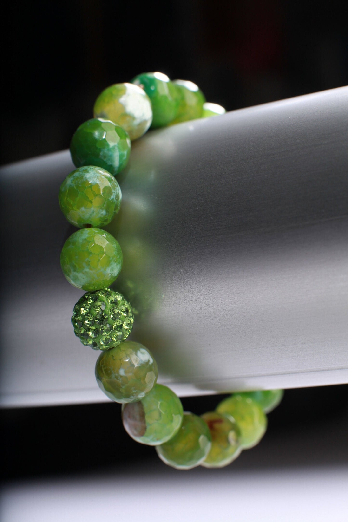 Green Fire Agate with matching 1 piece Rhinestone round Natural Gemstone, Crystal Stretchy Bracelet 6.5"
