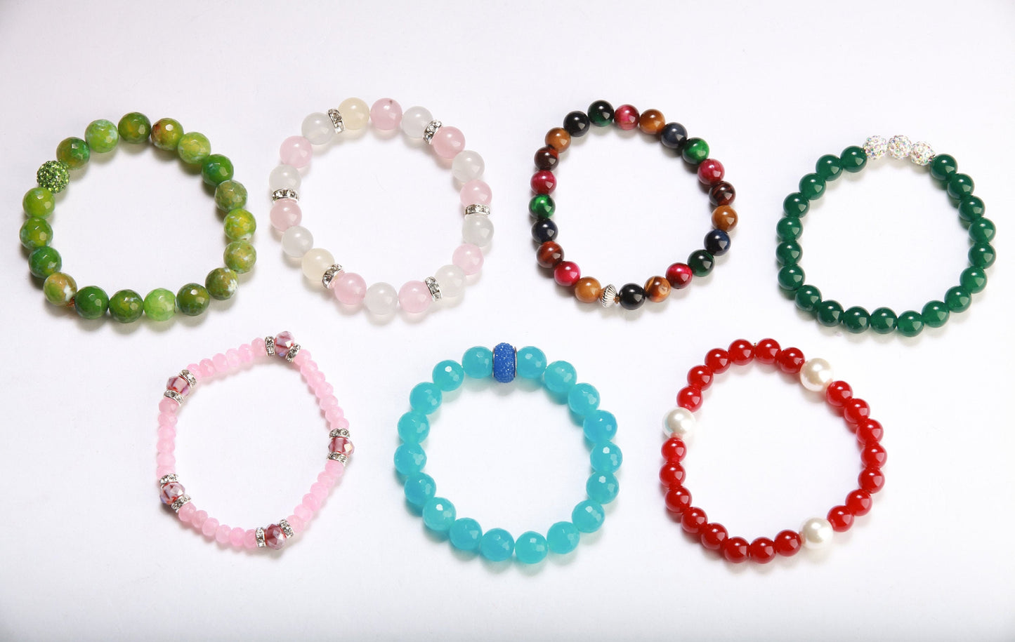 Green Fire Agate with matching 1 piece Rhinestone round Natural Gemstone, Crystal Stretchy Bracelet 6.5"
