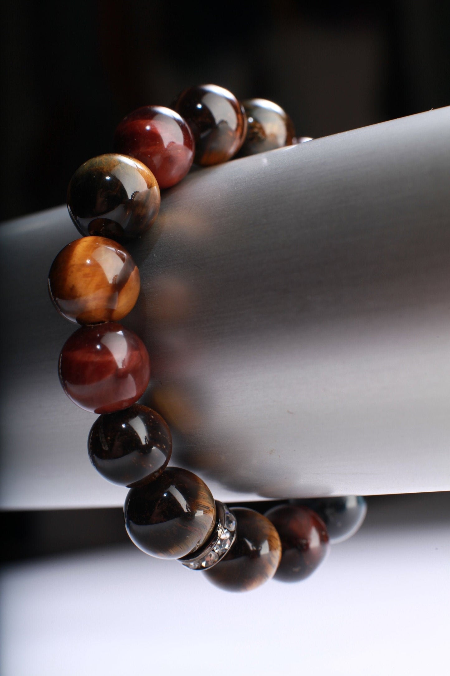 Tri Color Tiger Eye Natural Gemstone, Healing, Yoga, Crystal Chakra Stretch Bracelet 8"