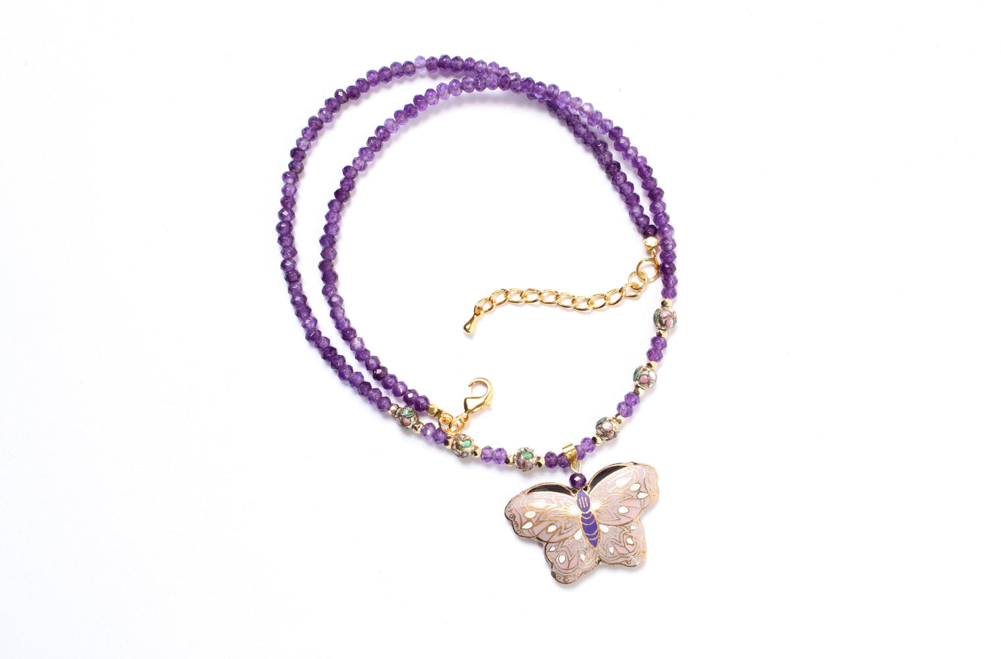 Traditional Cloisonné Pendant Double Sided Vintage Butterfly, Amethyst Faceted Rondelle 4mm, Cloisonne Spacer 19" Necklace with 2"Extension