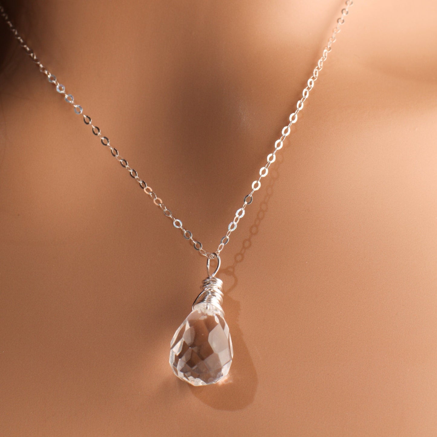 Natural Rock Crystal,Clear Quartz 12x17mm Faceted Briolette Drop Wire Wrapped Gemstone Pendant in 925 Sterling Silver Chain, necklace.