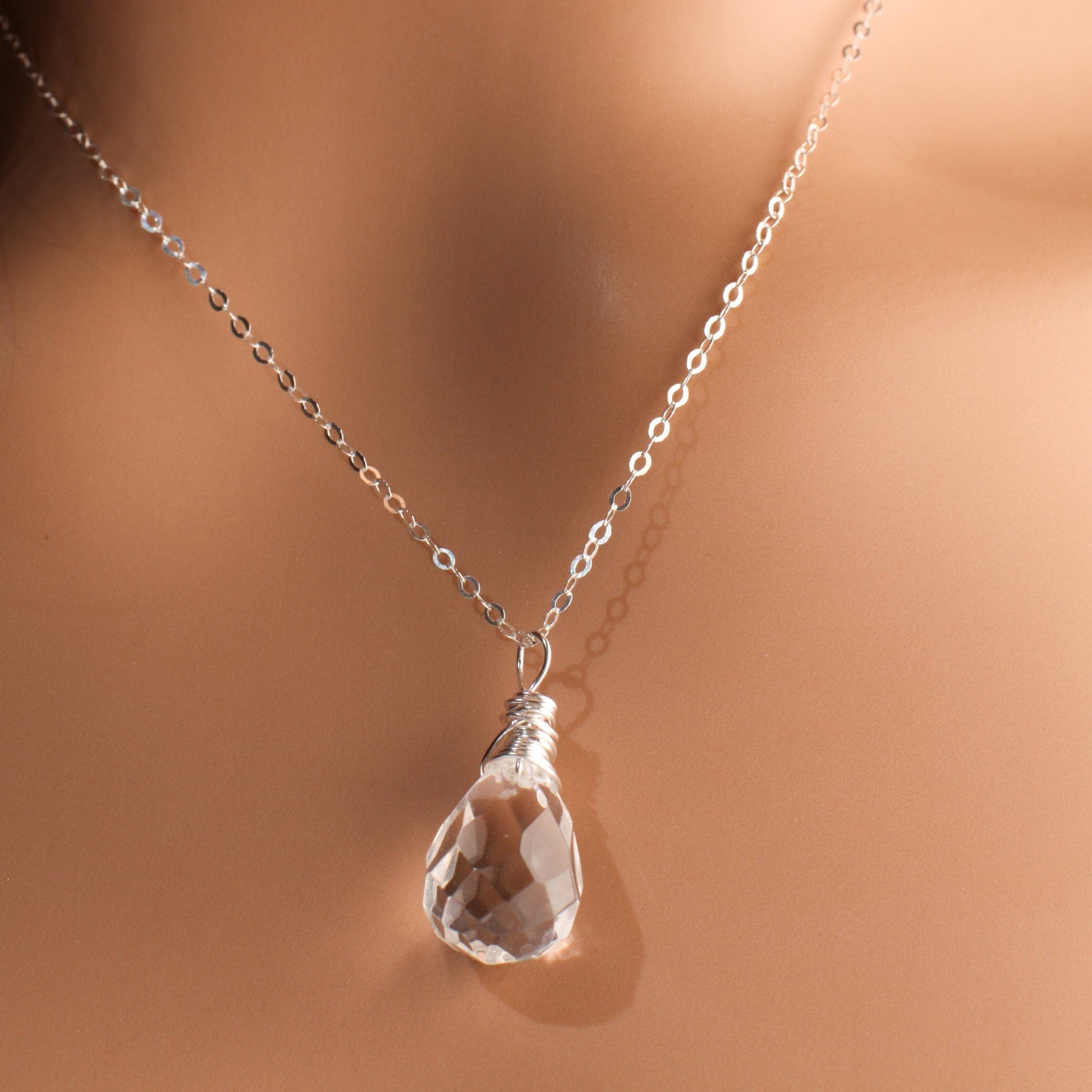 Natural Rock Crystal,Clear Quartz 12x17mm Faceted Briolette Drop Wire Wrapped Gemstone Pendant in 925 Sterling Silver Chain, necklace.