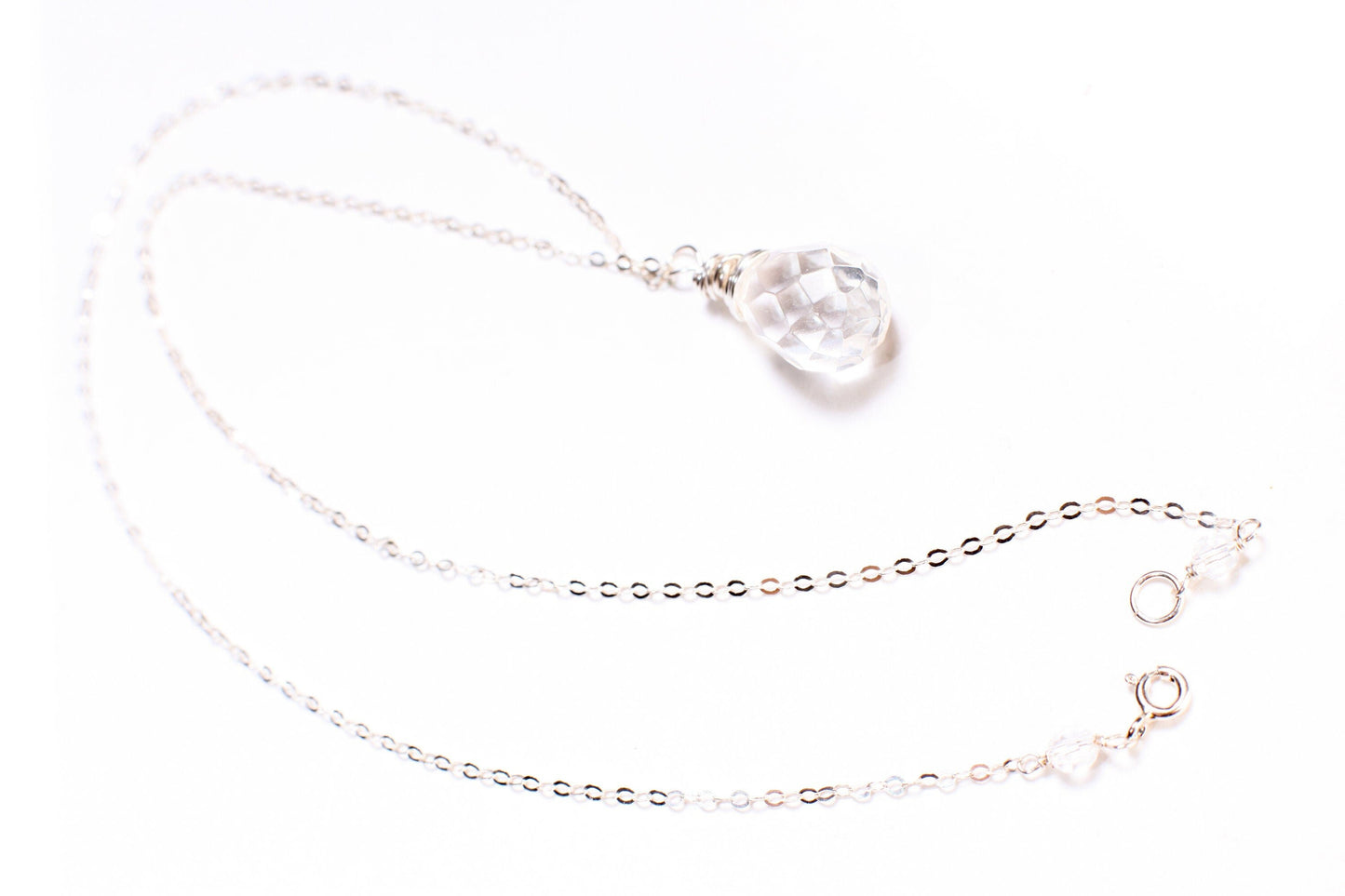 Natural Rock Crystal,Clear Quartz 12x17mm Faceted Briolette Drop Wire Wrapped Gemstone Pendant in 925 Sterling Silver Chain, necklace.