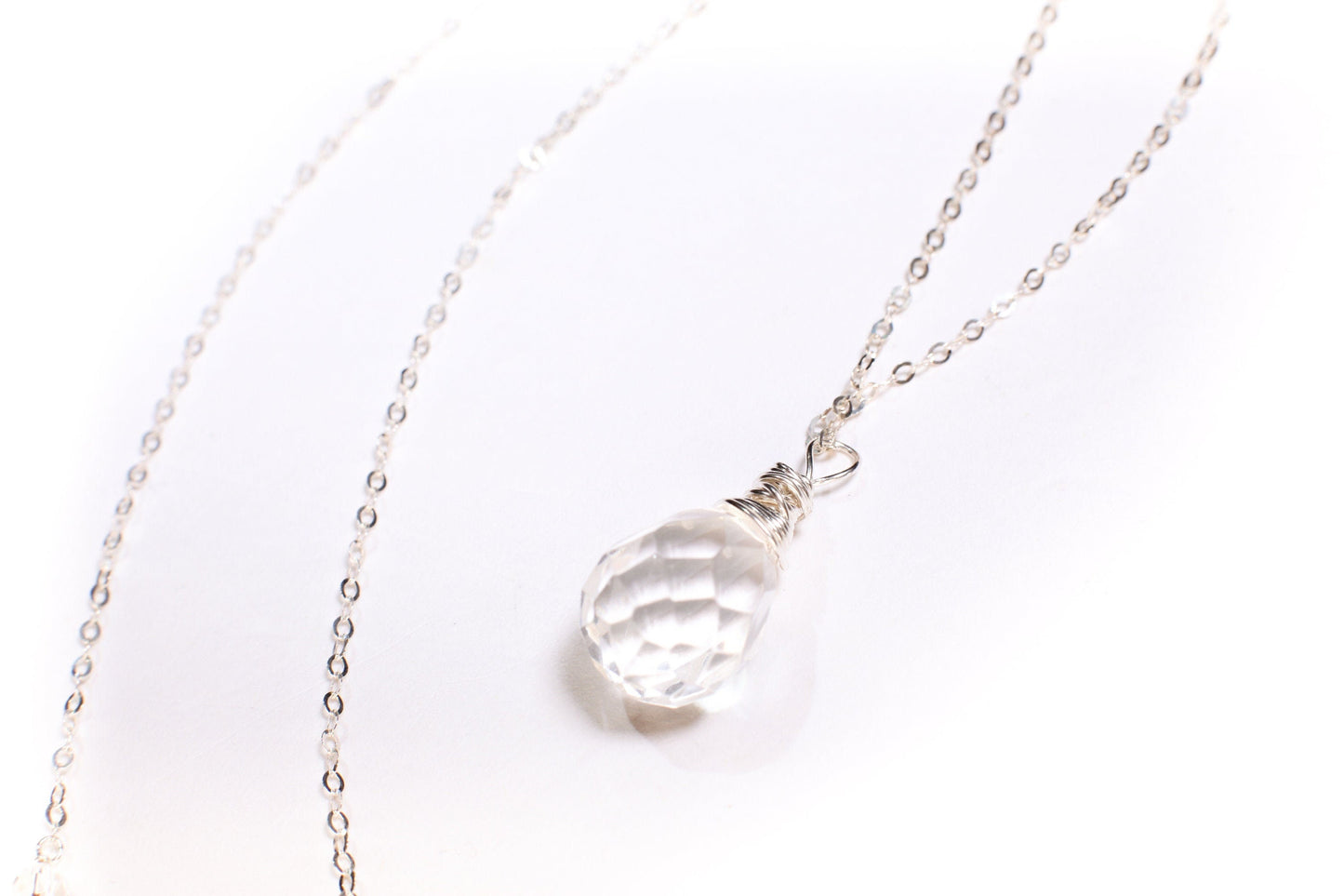 Natural Rock Crystal,Clear Quartz 12x17mm Faceted Briolette Drop Wire Wrapped Gemstone Pendant in 925 Sterling Silver Chain, necklace.