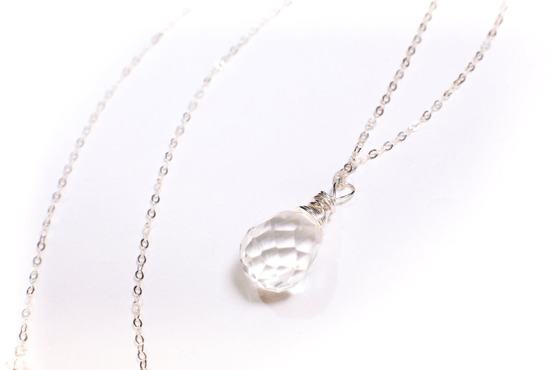 Natural Rock Crystal,Clear Quartz 12x17mm Faceted Briolette Drop Wire Wrapped Gemstone Pendant in 925 Sterling Silver Chain, necklace.