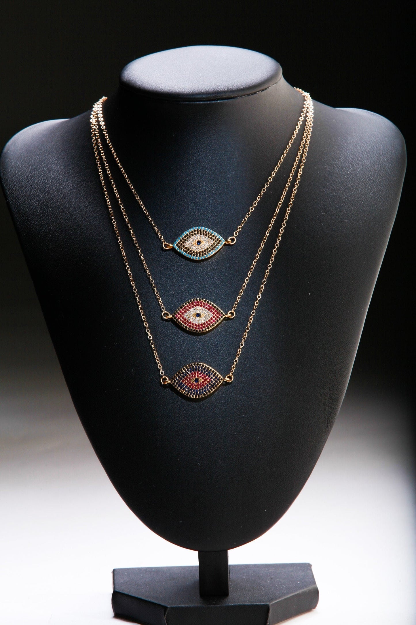 Cubic Zirconia Micro Pave Diamond Style Evil Eye Pendant with 14K Gold Filled Necklace, 3 Choice of Colors in 16",18",20", 22" and 24"