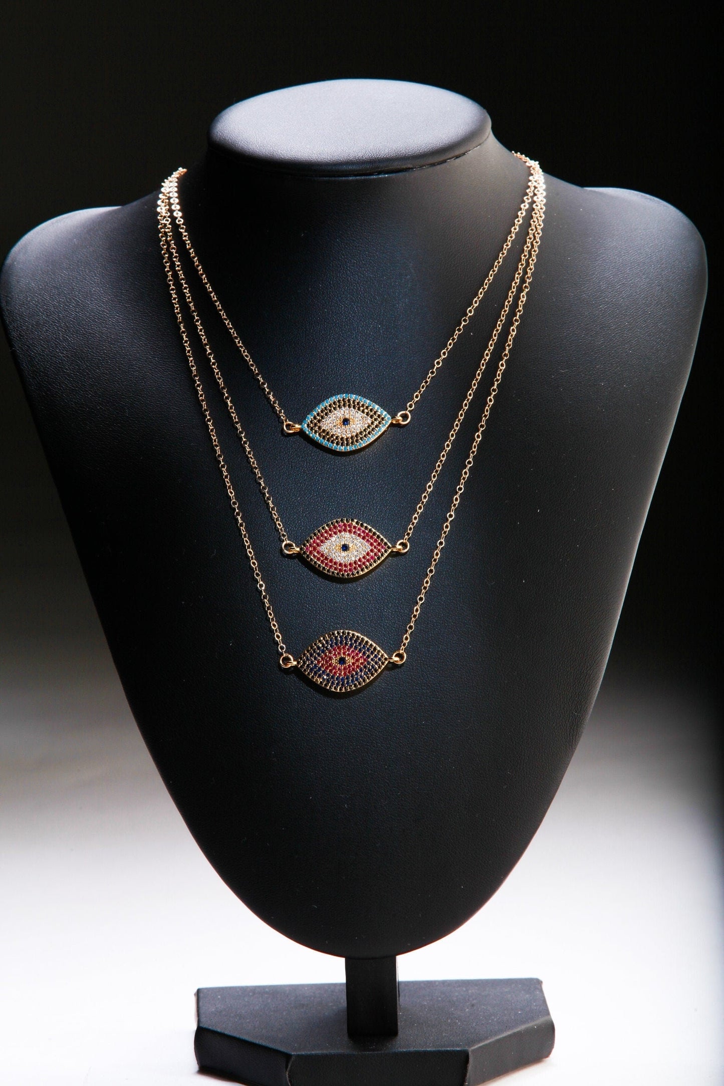Cubic Zirconia Micro Pave Diamond Style Evil Eye Pendant with 14K Gold Filled Necklace, 3 Choice of Colors in 16",18",20", 22" and 24"