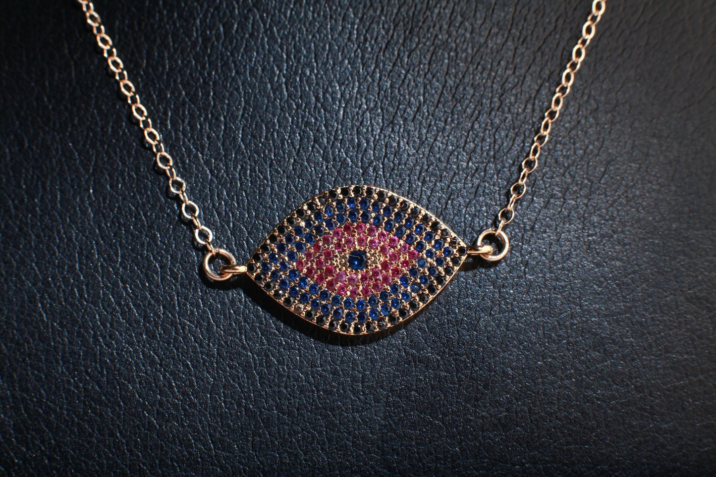 Cubic Zirconia Micro Pave Diamond Style Evil Eye Pendant with 14K Gold Filled Necklace, 3 Choice of Colors in 16",18",20", 22" and 24"