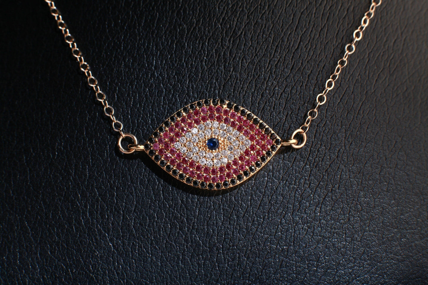 Cubic Zirconia Micro Pave Diamond Style Evil Eye Pendant with 14K Gold Filled Necklace, 3 Choice of Colors in 16",18",20", 22" and 24"