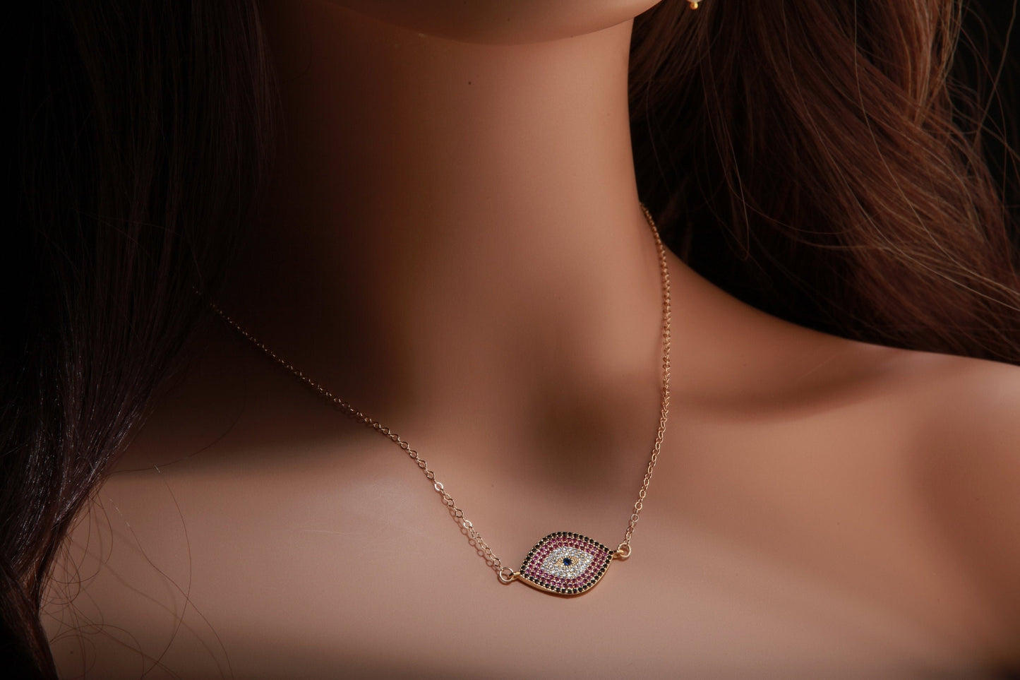 Cubic Zirconia Micro Pave Diamond Style Evil Eye Pendant with 14K Gold Filled Necklace, 3 Choice of Colors in 16",18",20", 22" and 24"
