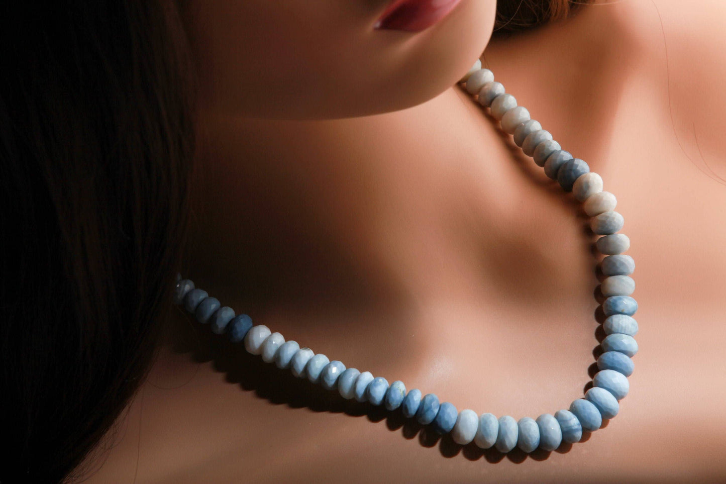 Genuine Blue Peruvian Opal , Blue Andean Opal, boulder opal 18" Faceted Graduated large 7-11.5mm roundel Necklace with 2" Ext